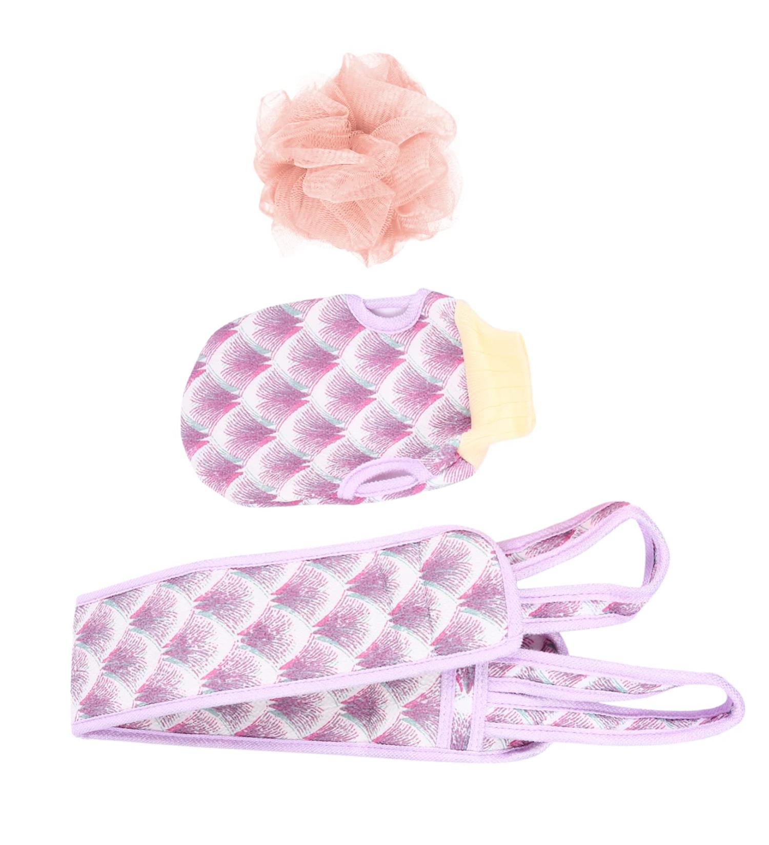 Buy 3-Piece Bath Towel Set with Lotion Gloves Bath Sponge & Back Scrubber - Deep Cleaning Tool - Purple - International Shipping Available - Buy Online on SooperMarket.com