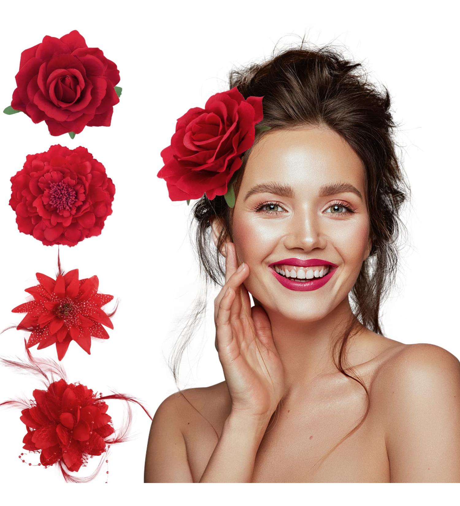 Bofunx 4-Piece Red Flower Hair Clip Set - Elegant Hair Jewelry for Party Wedding Halloween & Masquerade - Stylish Hair Clamps - Buy Online on SooperMarket.com