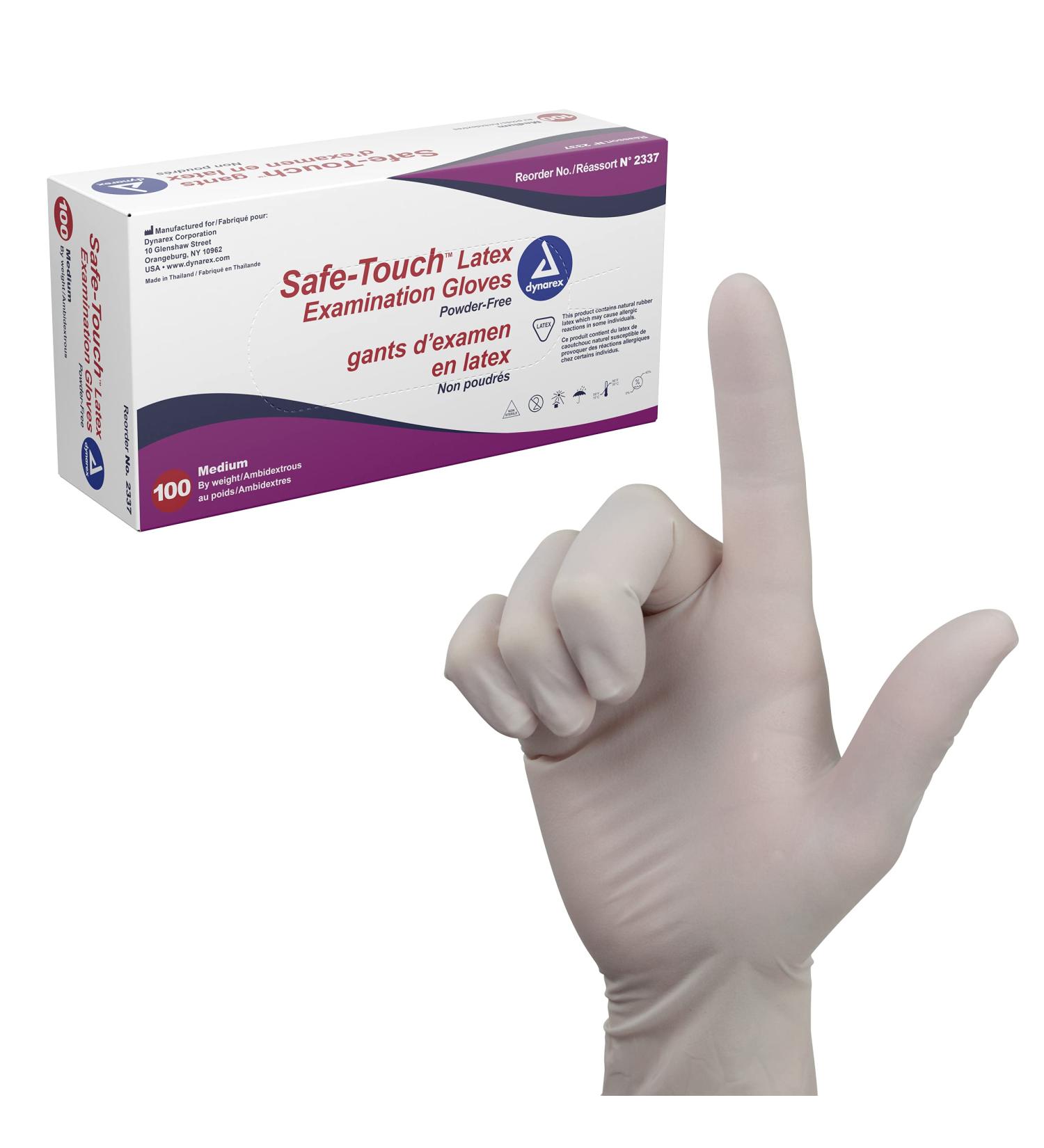 Dynarex Safe-Touch Latex Exam Gloves - Powder-Free, Medium, 100/Box - Healthcare, Law Enforcement, Industrial & Salon/Spa Use - Buy Online on SooperMarket.com