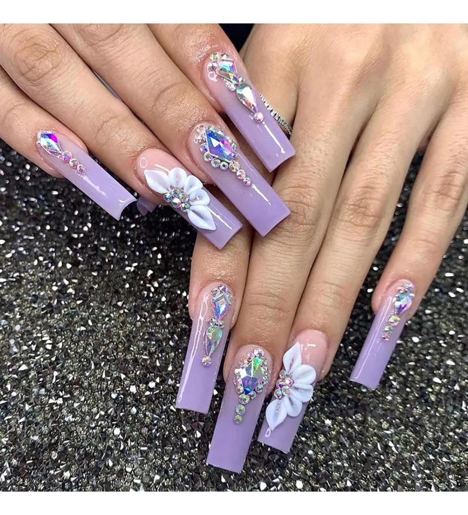 24pcs Light Purple Rhinestone Flower Pattern Long Coffin False Nails - French Fake Nails for Women and Girls - Buy Online on SooperMarket.com