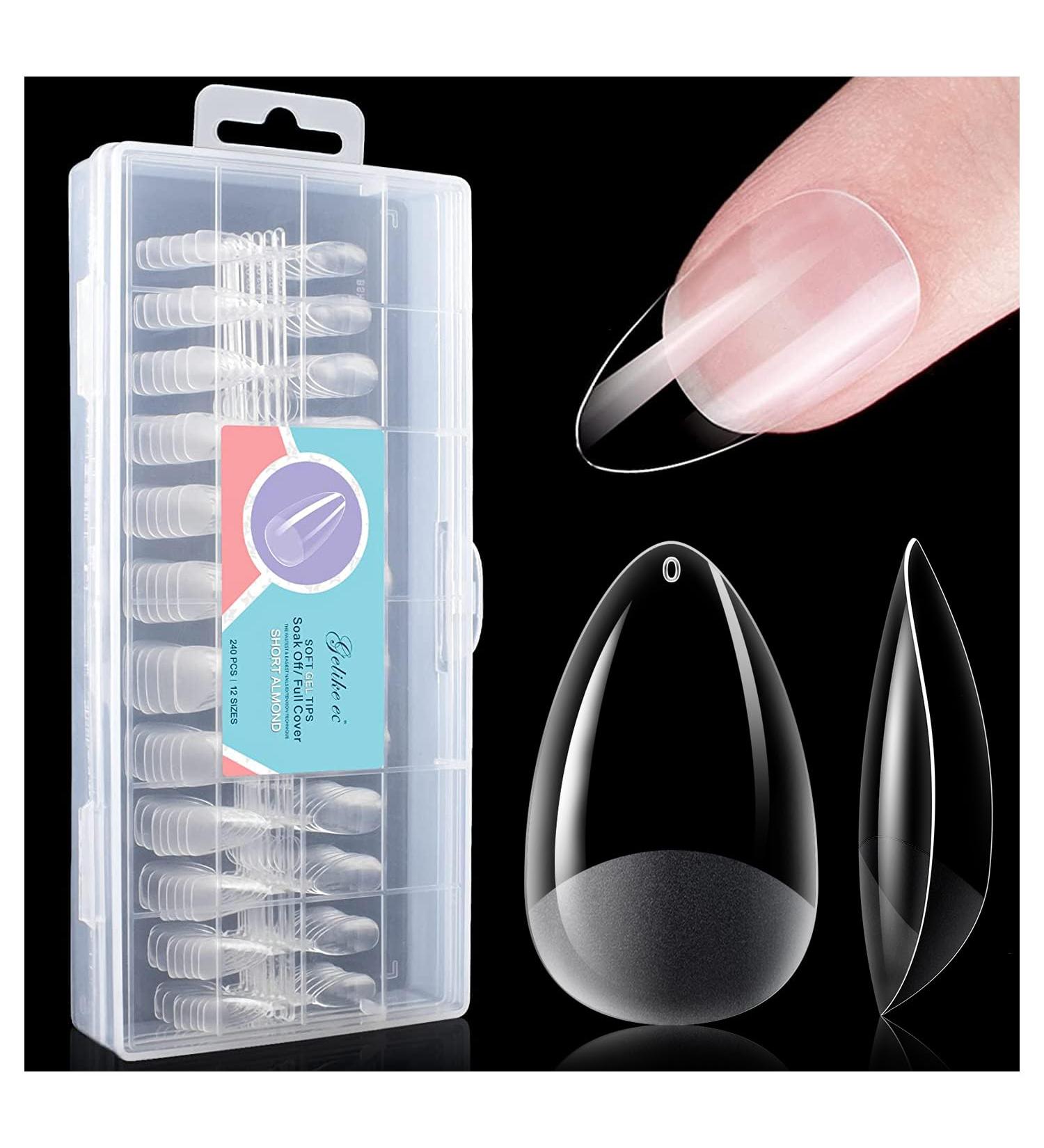 Gelike ec Short Almond Nail Tips 240PCS Clear Nail Extensions Kit | Break Resistant Full Cover Pre-Buff PMMA Soft Gel Resin Fake Nails 12 Sizes - Short Almond - Buy Online on SooperMarket.com