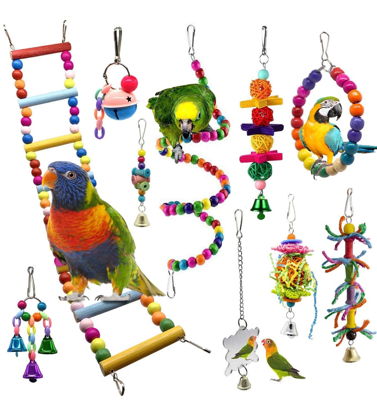 Bojafa Bird Toys For Budgie Parrot Toy - 10 Pack Hanging Budgies Play Stand Perch For Cage Natural Wooden Birds Swing Ladder Large Cockatiel Toy Accessories For African Grey Parrots Conure Parakeet - Buy Online on SooperMarket.com