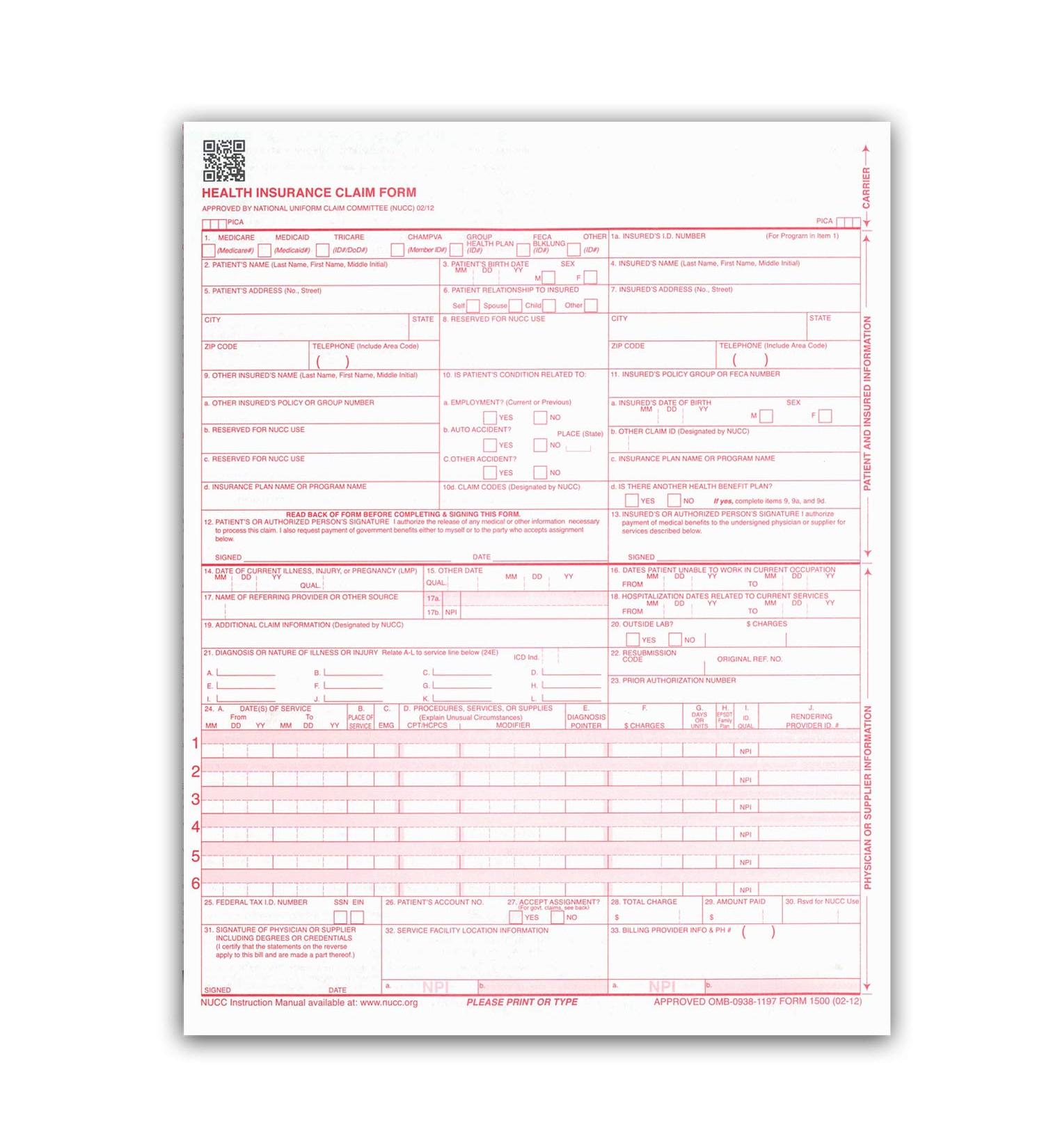New CMS 1500 Claim Forms - HCFA (Version 02/12) 100 per Ream - Buy Online on SooperMarket.com