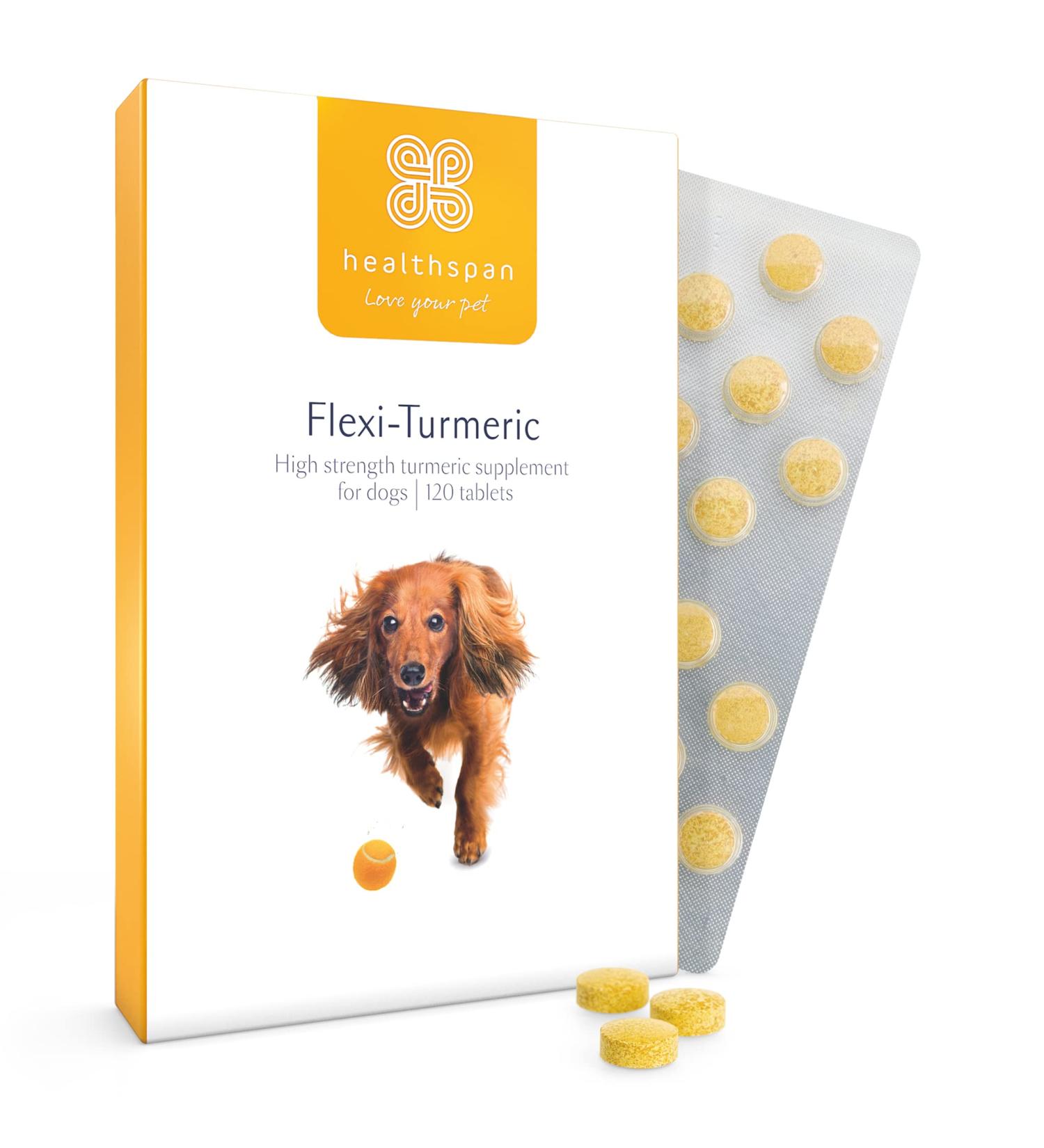 Flexi-Turmeric For Dogs | Healthspan | 120 Tablets | Vitamin C & Brewers Yeast | 400mg High-Grade Turmeric | Pet Health - Buy Online on SooperMarket.com
