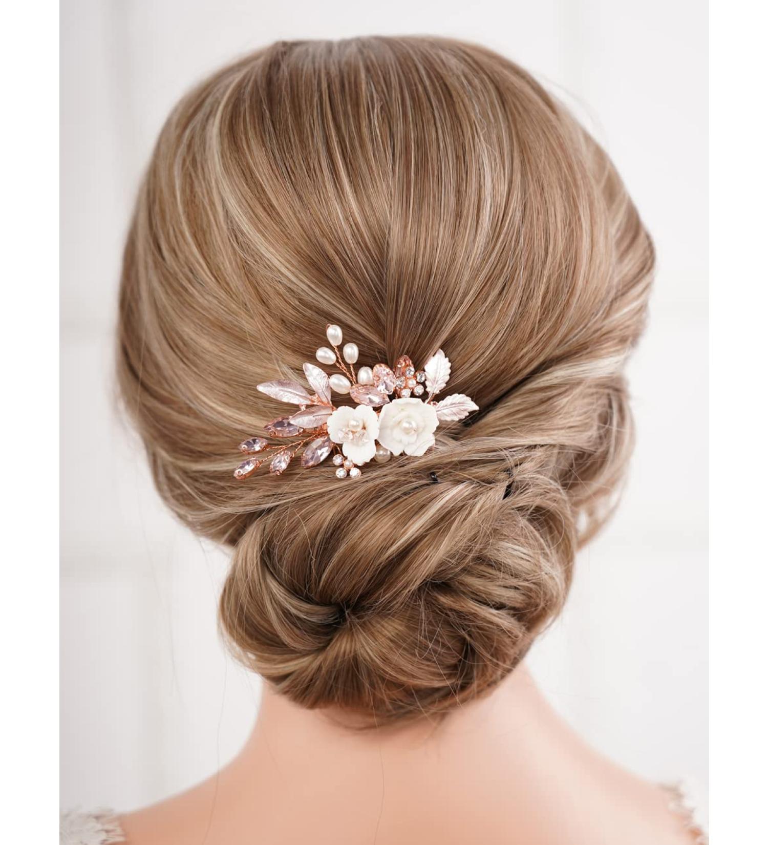 Missgrace Bride Wedding Crystal Pearl Leaf Rhinestones Hair Comb - Rose Gold Pink - Buy Online on SooperMarket.com