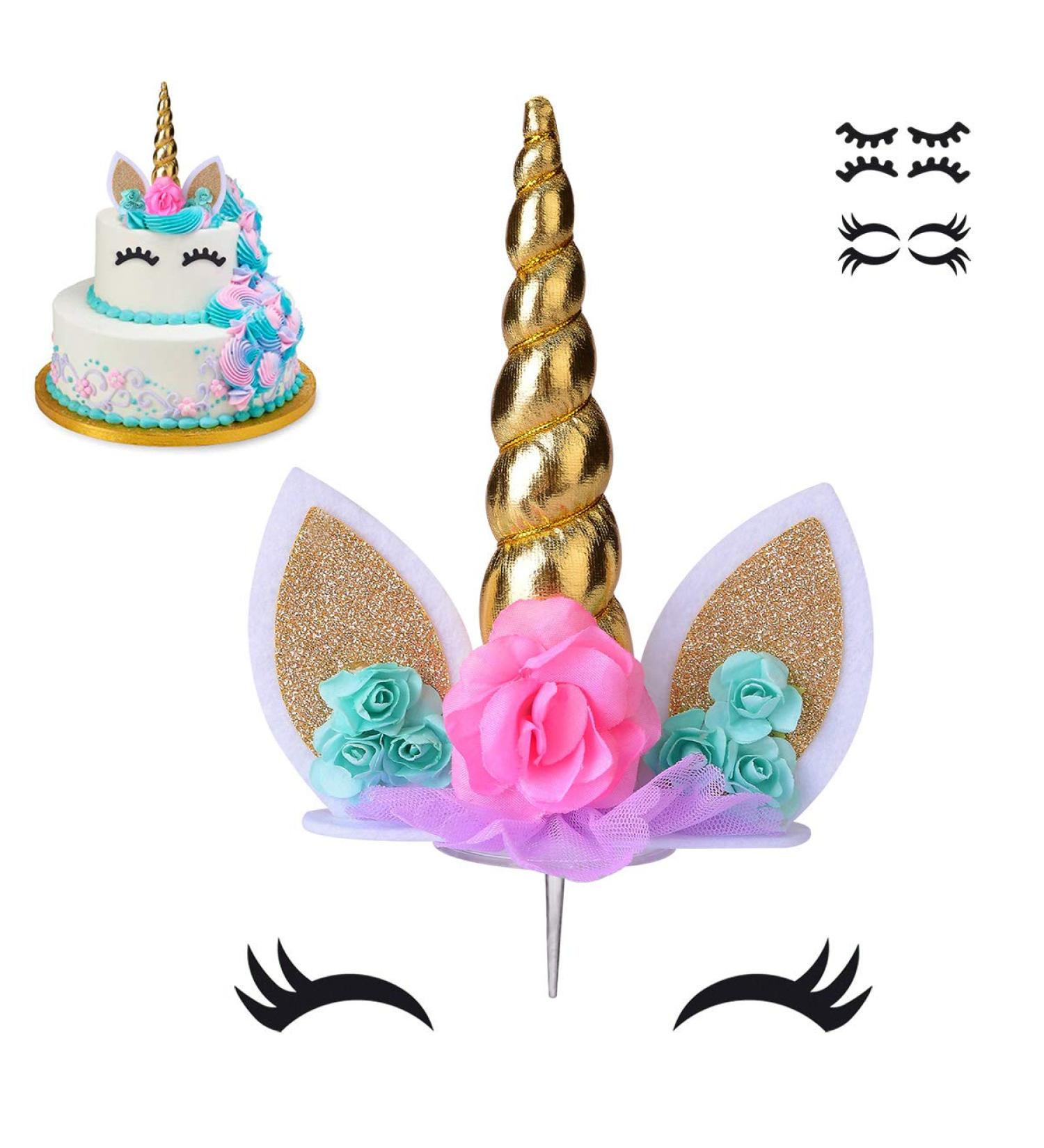 Coonoe Unicorn Cake Topper with Handmade Eyelashes and Reusable Gold Horn - Ideal for Birthday Parties, Baby Showers, and Weddings - Buy Online on SooperMarket.com
