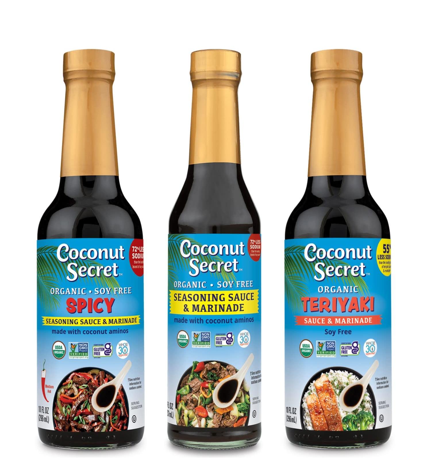 Coconut Secret Coconut Aminos 3 Pack - Spicy, Teriyaki, Organic - 10 Fl. Oz, 10 Fl. Oz, 8 Fl. Oz - Buy Online on SooperMarket.com