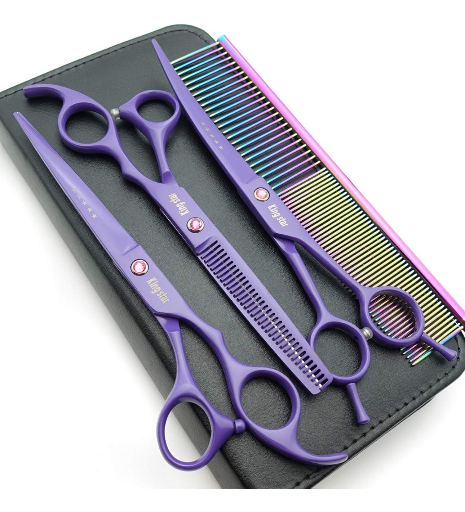 Kingstar 7 Pet Grooming Scissors Set - Straight, Thinning, Curved - Purple Professional Kit with Case and Comb - Buy Online on SooperMarket.com