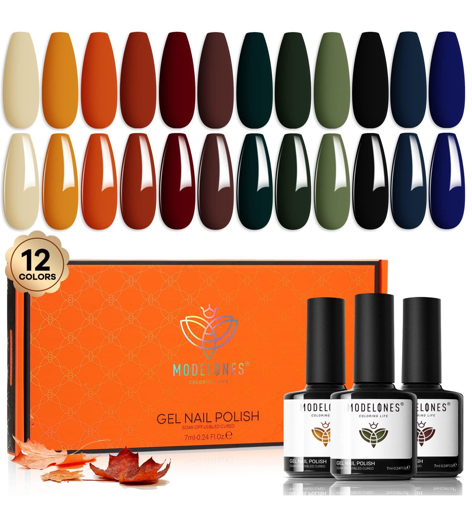 Modelones Fall Gel Nail Polish Kit - 12 Colors Soak Off Set for DIY Home Salon Manicure - Yellow, Sage Green, Orange, Nude, Blue, Red, Black - 0.24oz - LED Gel Nail Polish Set - Vintage Era - Buy Online on SooperMarket.com