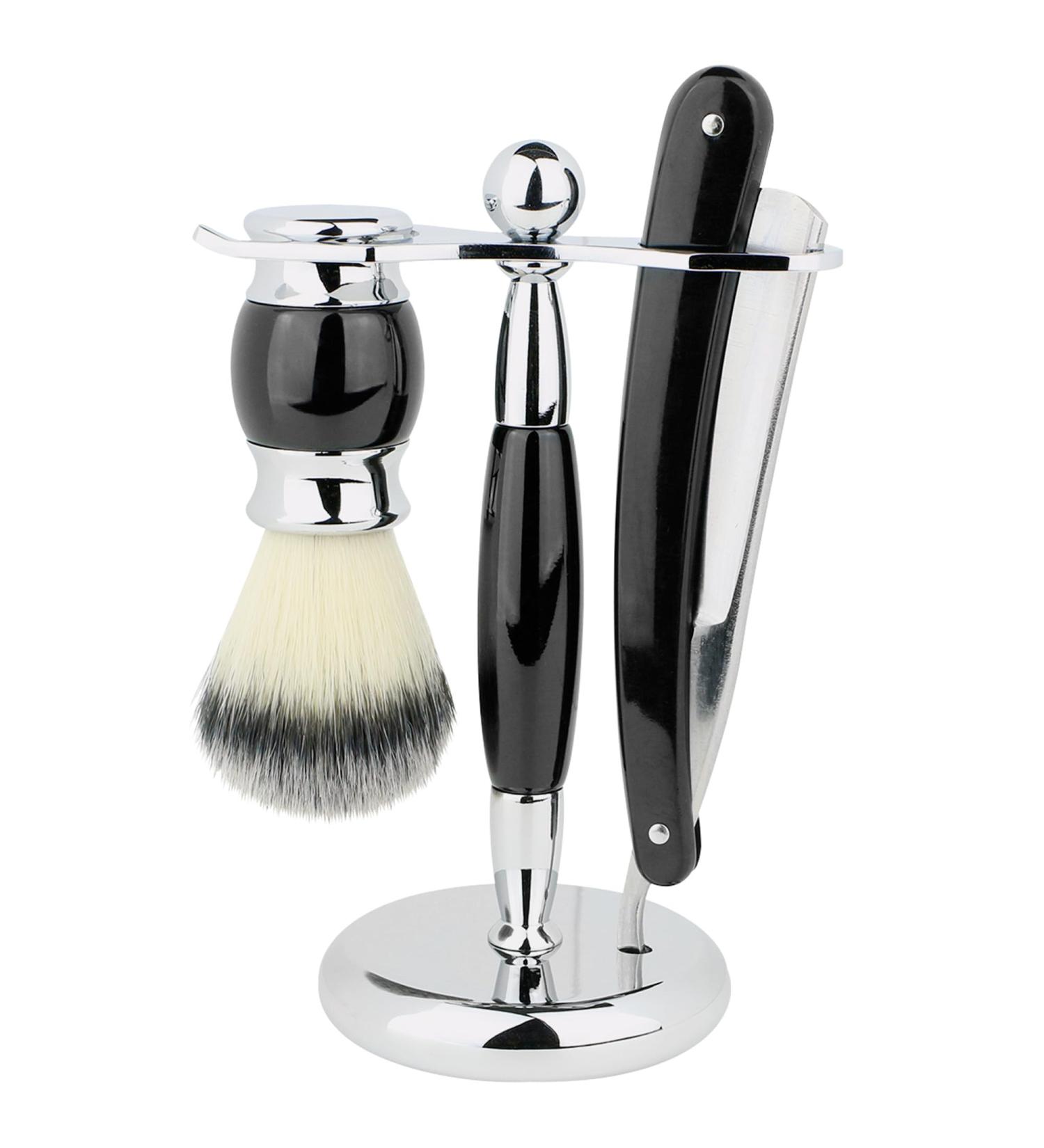 Union Razors SS5 Black Straight Shave Kit - Premium 3-Piece Set with Razor Brush & Wood Handle Stand for a Luxurious Shaving Experience - Buy Online on SooperMarket.com