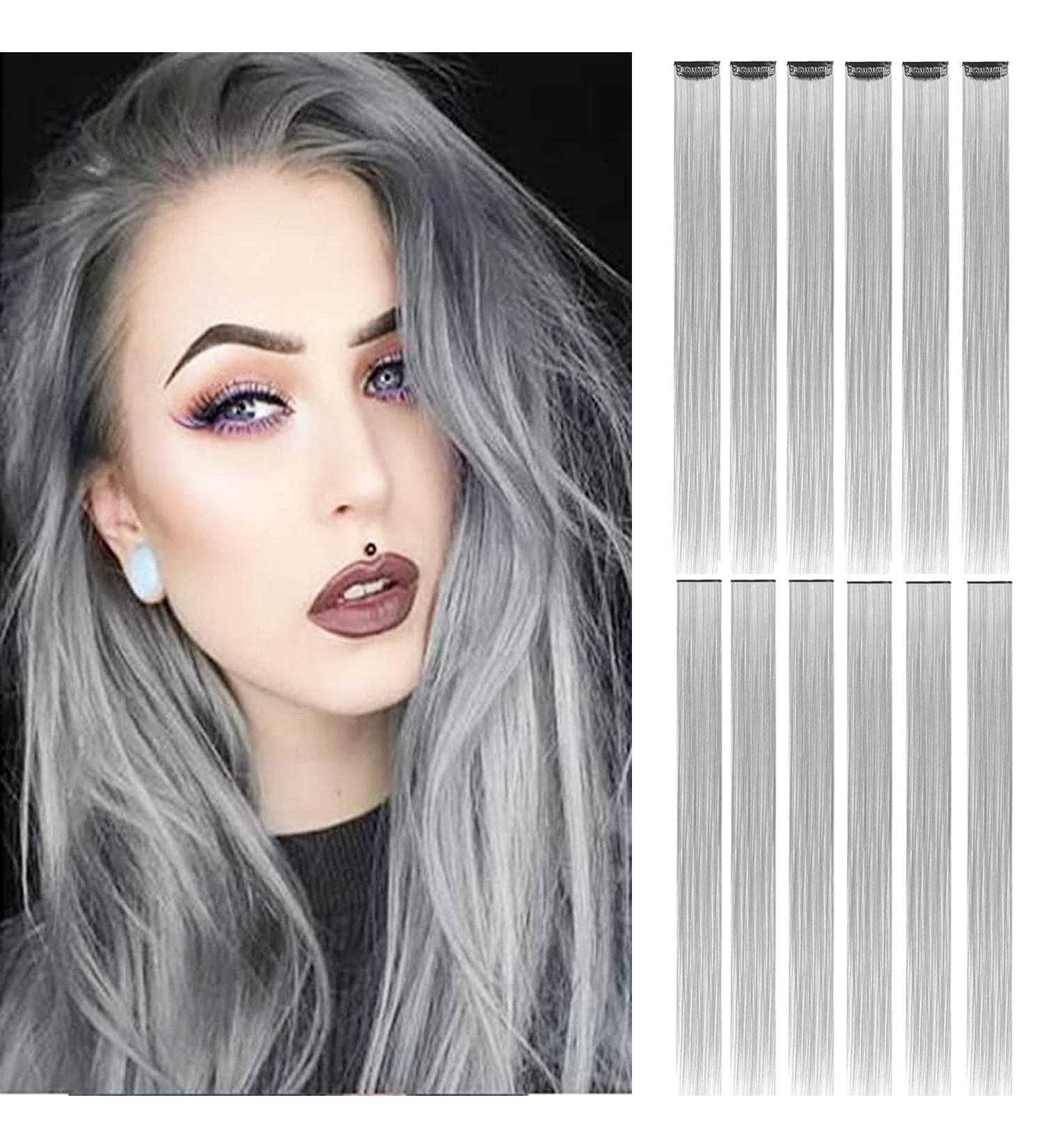 12 Pcs Colored Hair Extensions Colorful Clip in Hair Extensions 22 inch Synthetic Straight Hair Extensions for Kids Girls Women K 12pcs-Grey - Buy Online on SooperMarket.com