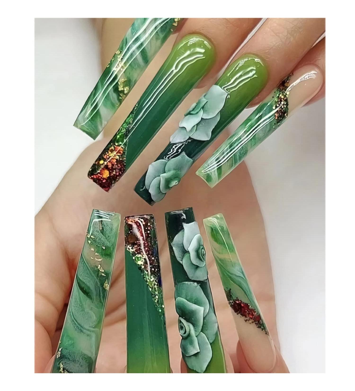 24Pcs Long Coffin Glossy Green Press on Nails with Rose Gold Foil - Full Cover Extra Long Fake Nails for Women (Style 9) - Buy Online on SooperMarket.com
