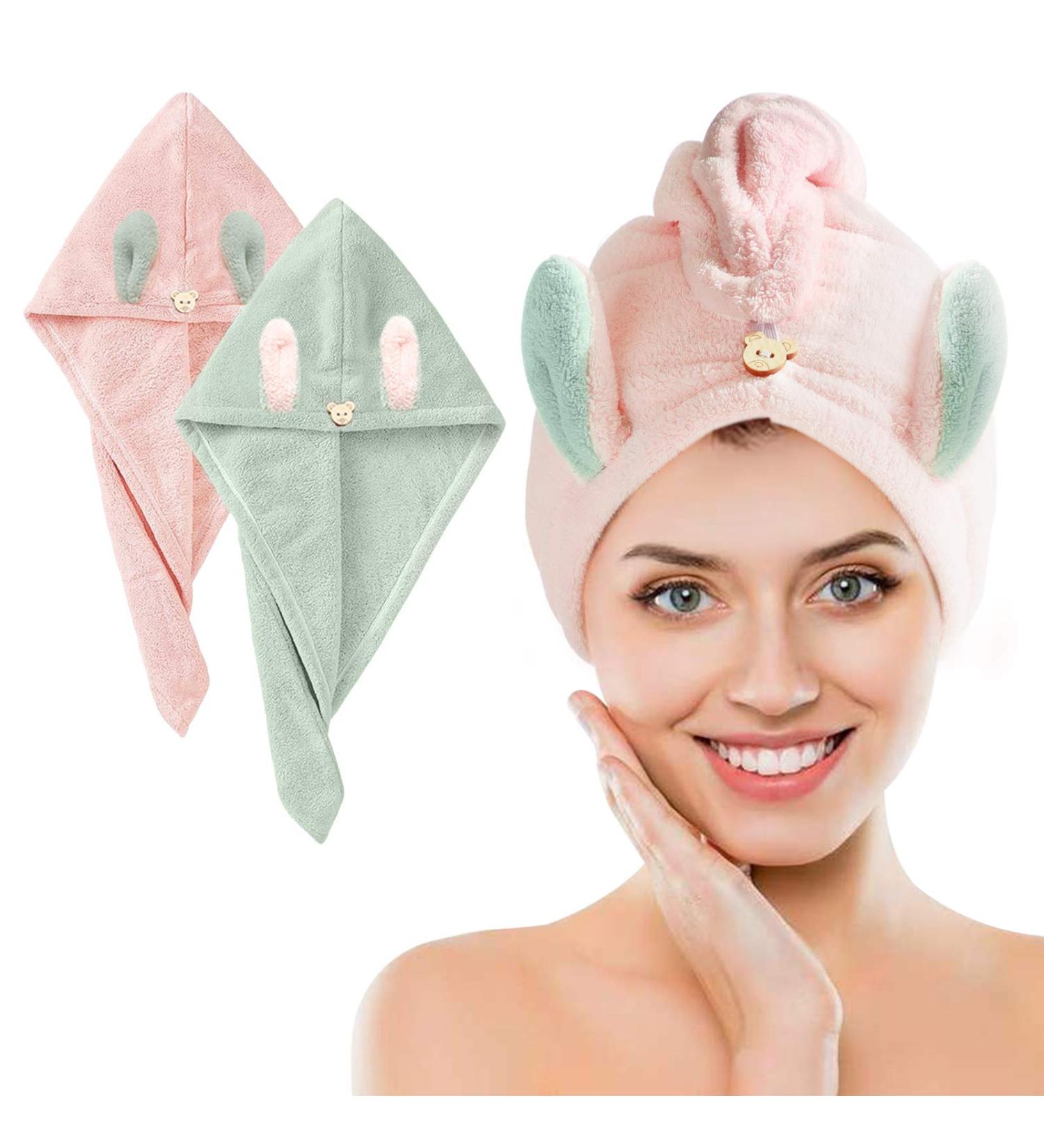 Galat e Hair Turban Set - 2 Microfiber Towel Dryers with Cute Rabbit Ears | Quick-Dry Headscarf for Long Hair - Pink & Green | Perfect for Women and Girls - Buy Online on SooperMarket.com