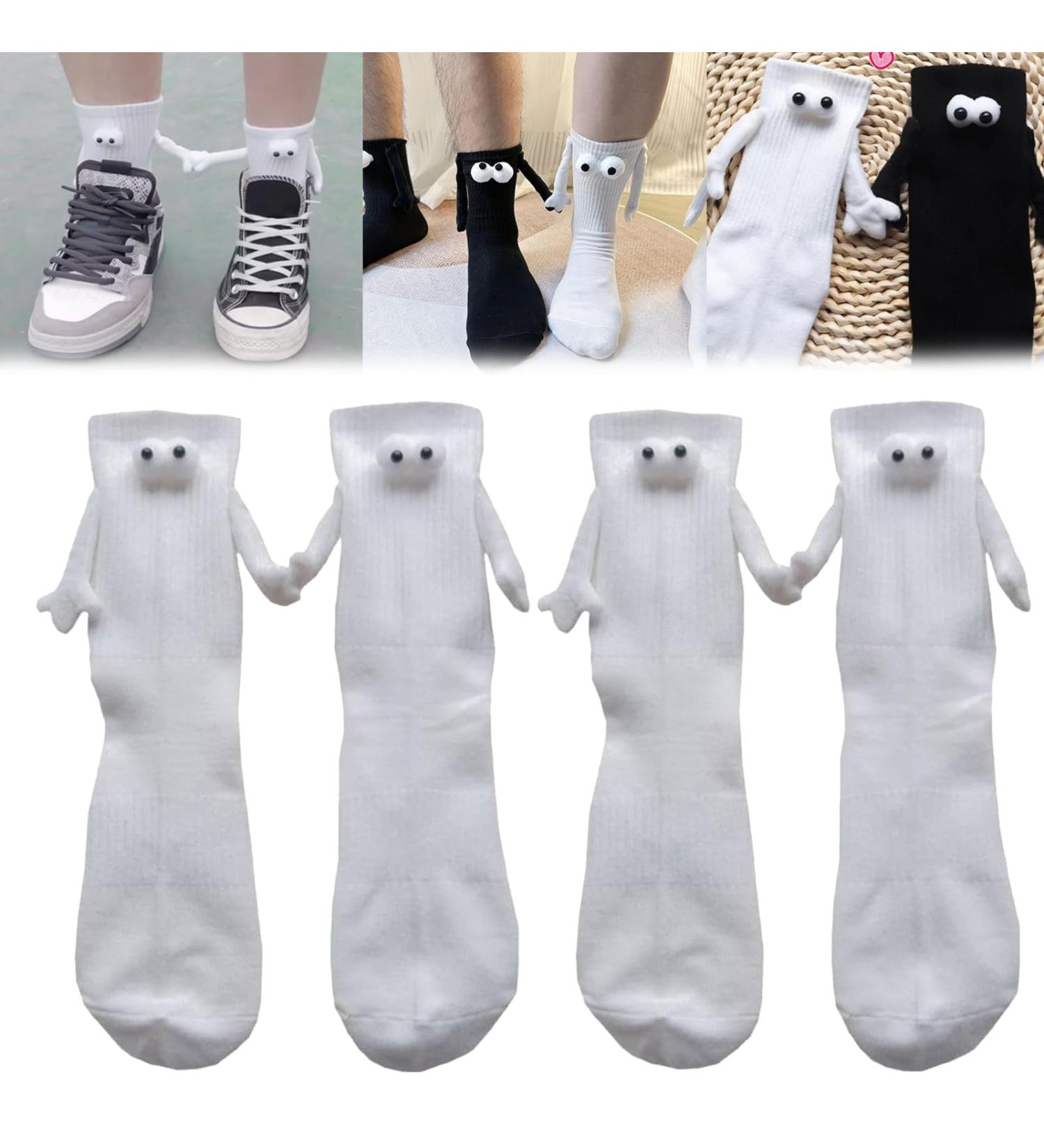Hand Holding Magnetic Couple Socks - 2 Pair White Unisex 3D Doll Design - Buy Online on SooperMarket.com