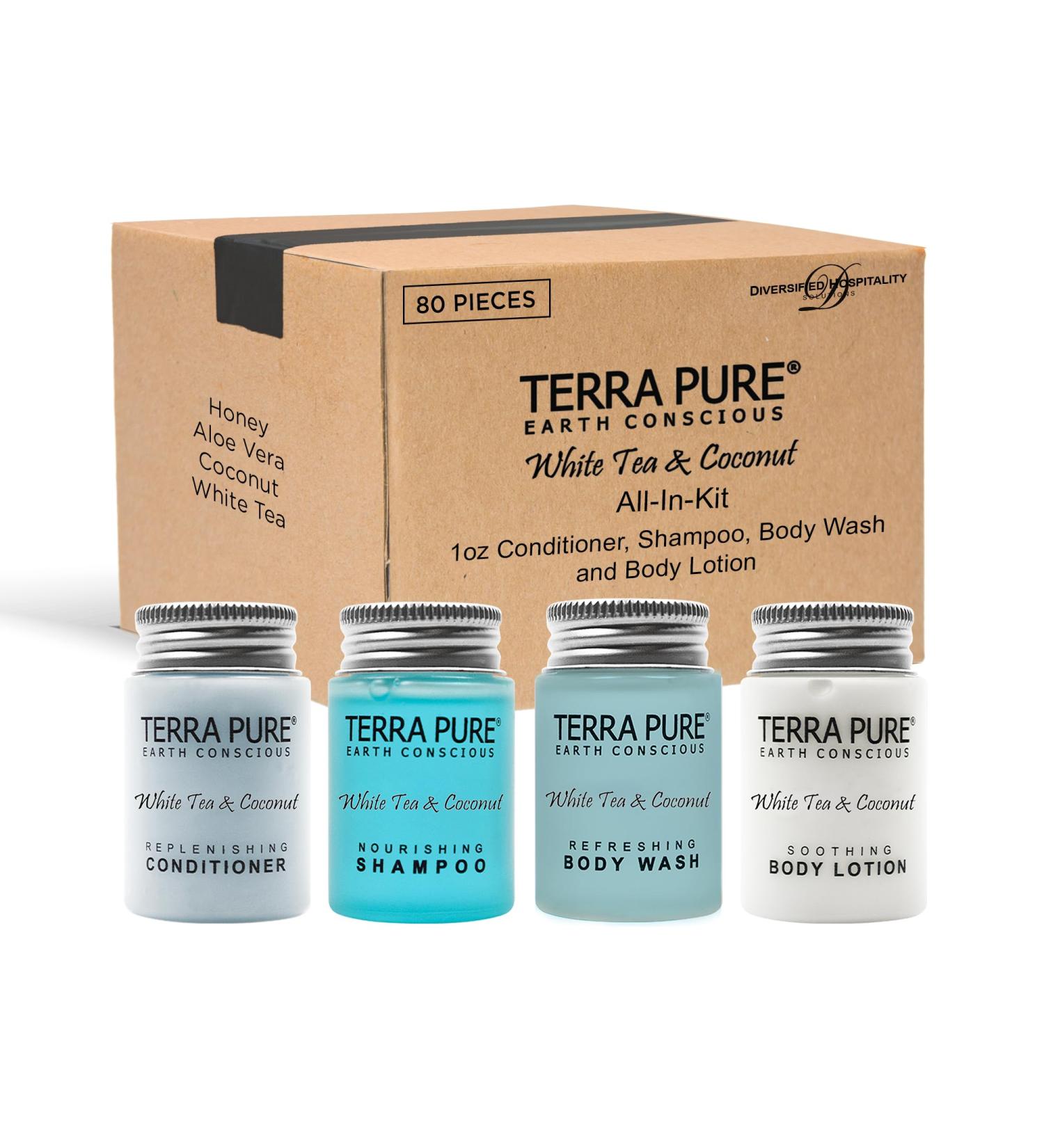 Terra Pure White Tea & Coconut Toiletries Set - 80 Piece Travel Amenities for Hotels Airbnb & Rentals | Hotel Shampoo Conditioner Body Wash & Lotion - Buy Online on SooperMarket.com