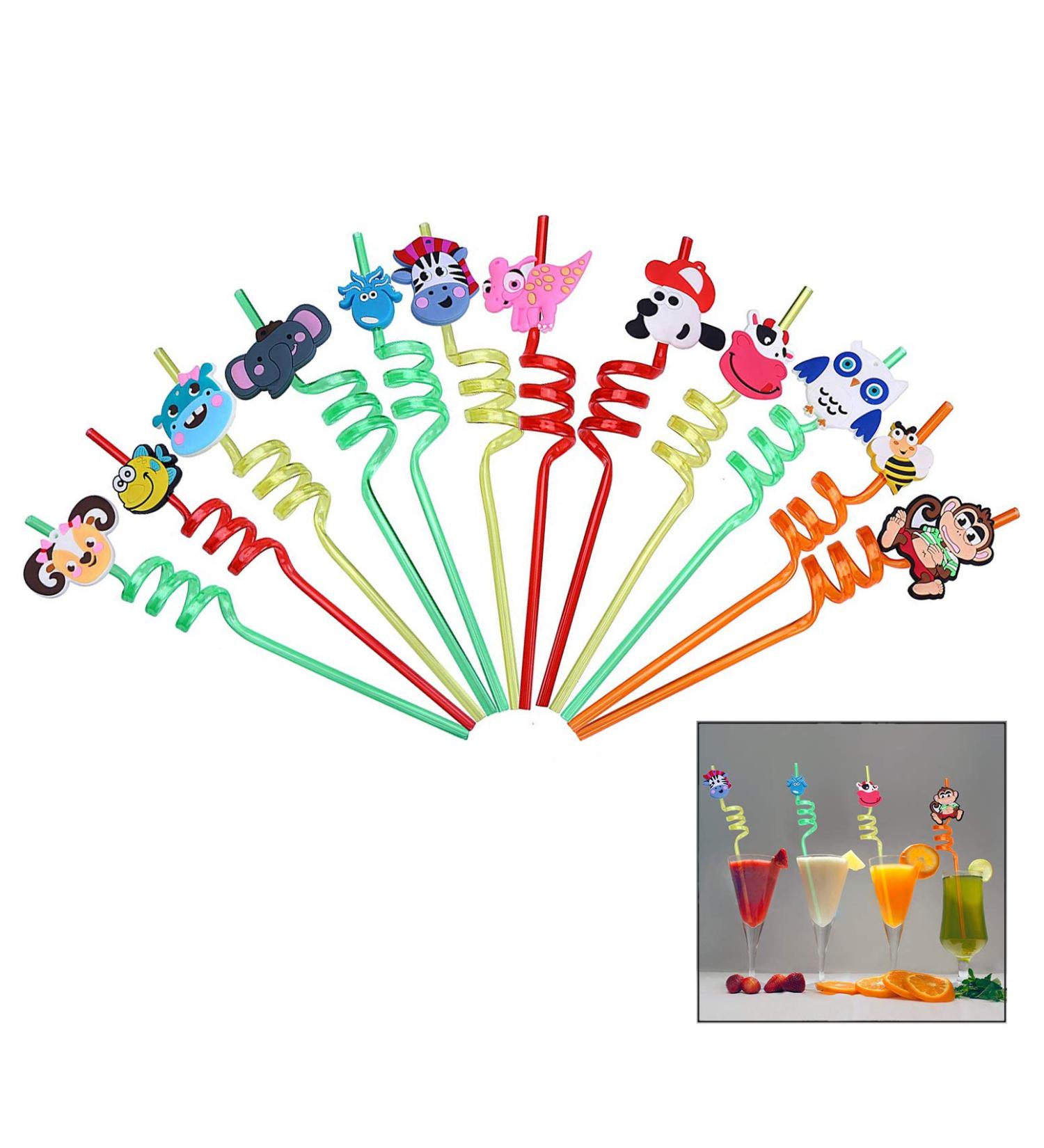 iwobi 12 Pcs Animal Curly Straws Reusable Plastic Curly Novelty Straws for Kids Birthday Party - Buy Online on SooperMarket.com