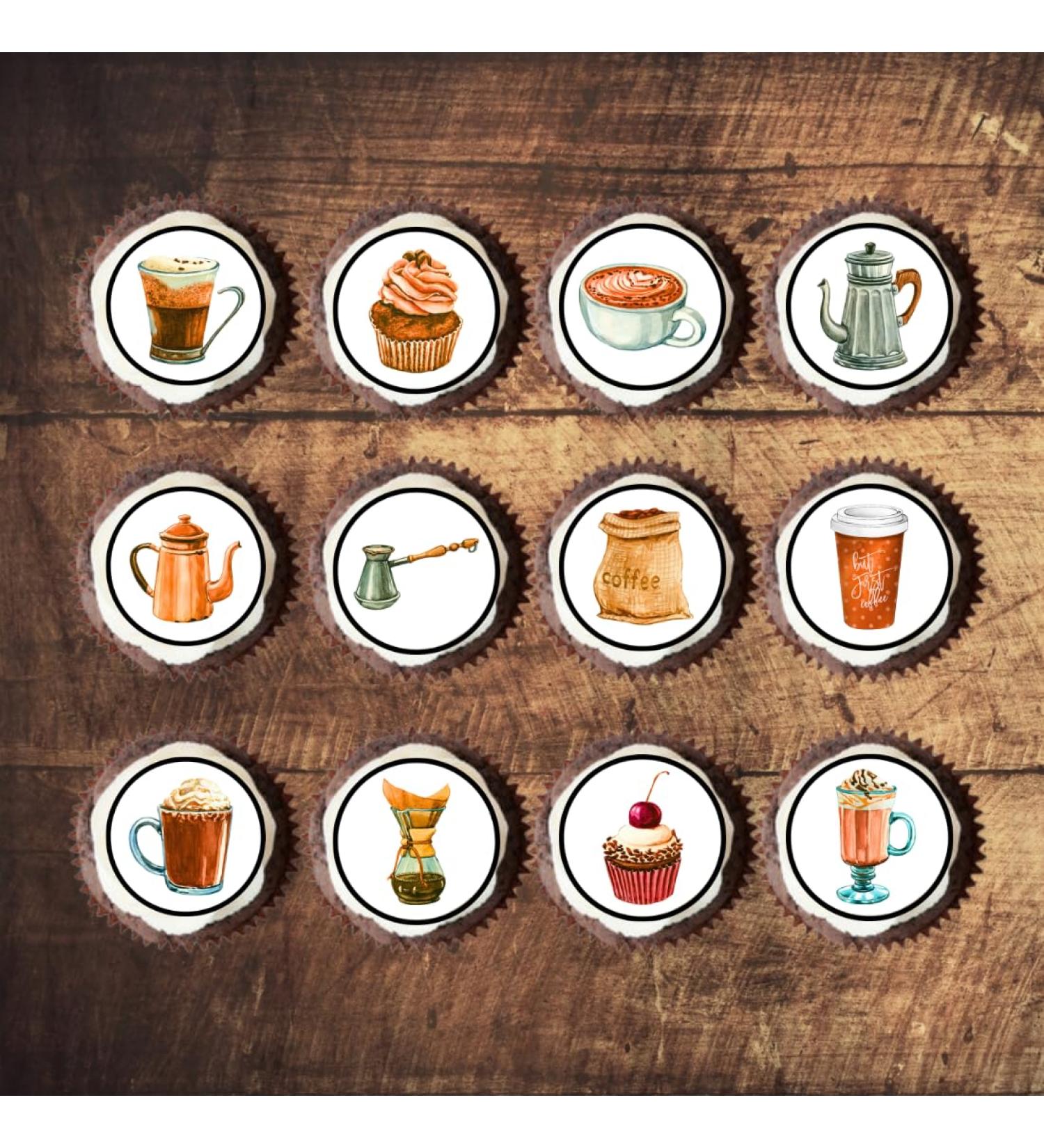 PRECUT Coffee Shop Cupcake Toppers Coffee Shop Theme Coffee Cake Premium Thickness SWEETENED VANILLA - wafer card cake decorations (Pack of 12) - Buy Online on SooperMarket.com