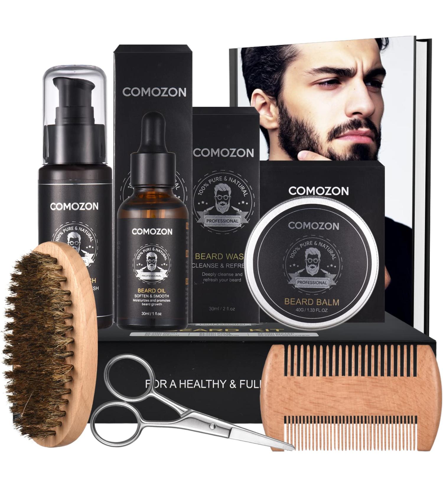 Beard Grooming Kit for Men - Beard Growth Set with Oil, Shampoo, Balm, Comb, Brush, Scissors - Best Men's Beard Gifts with Menthol - Buy Online on SooperMarket.com