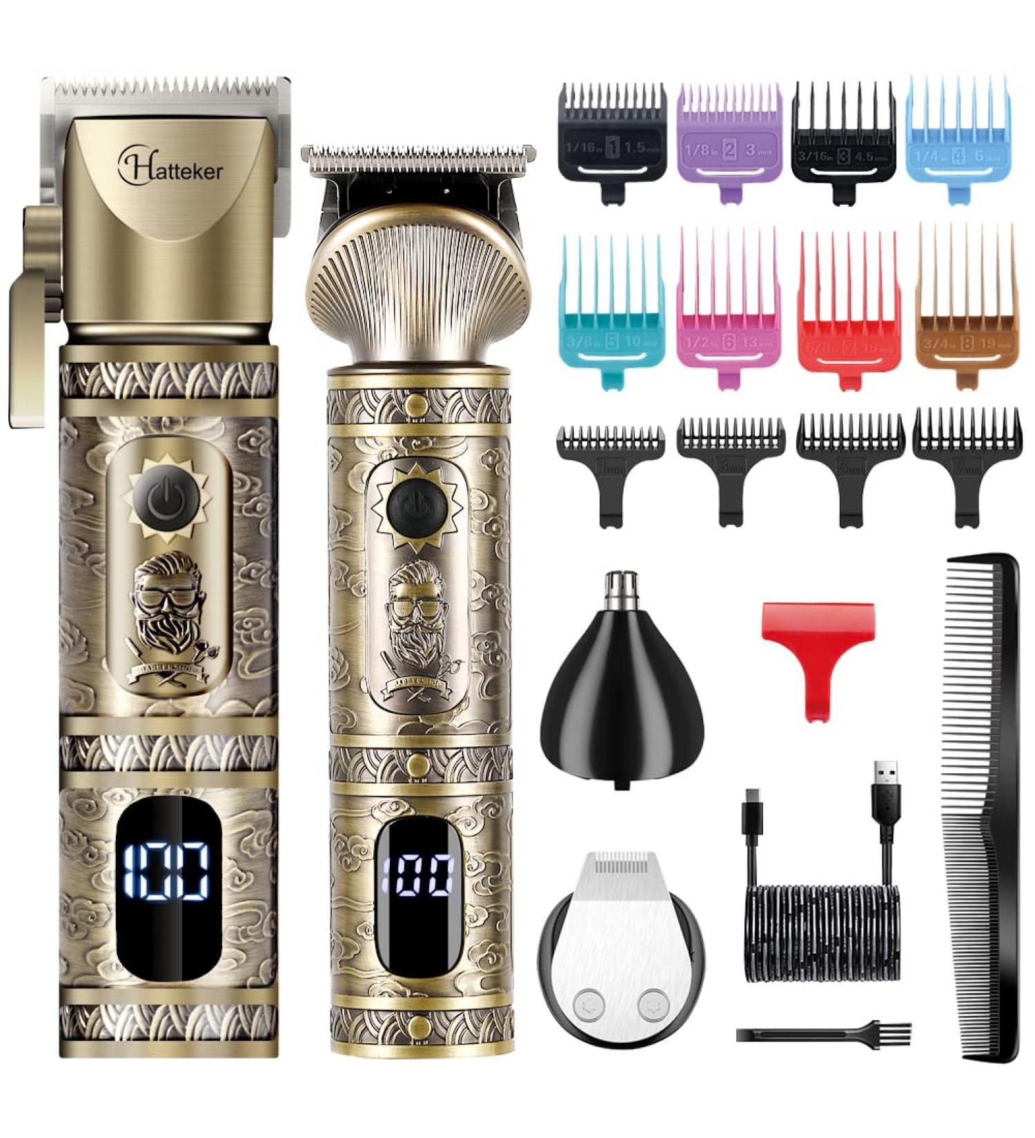 Hatteker Professional Hair Clipper & T-Blade Trimmer Set for Men - Cordless Rechargeable Grooming Kit with LED Display (Gold) | Best International Shipping - Buy Online on SooperMarket.com