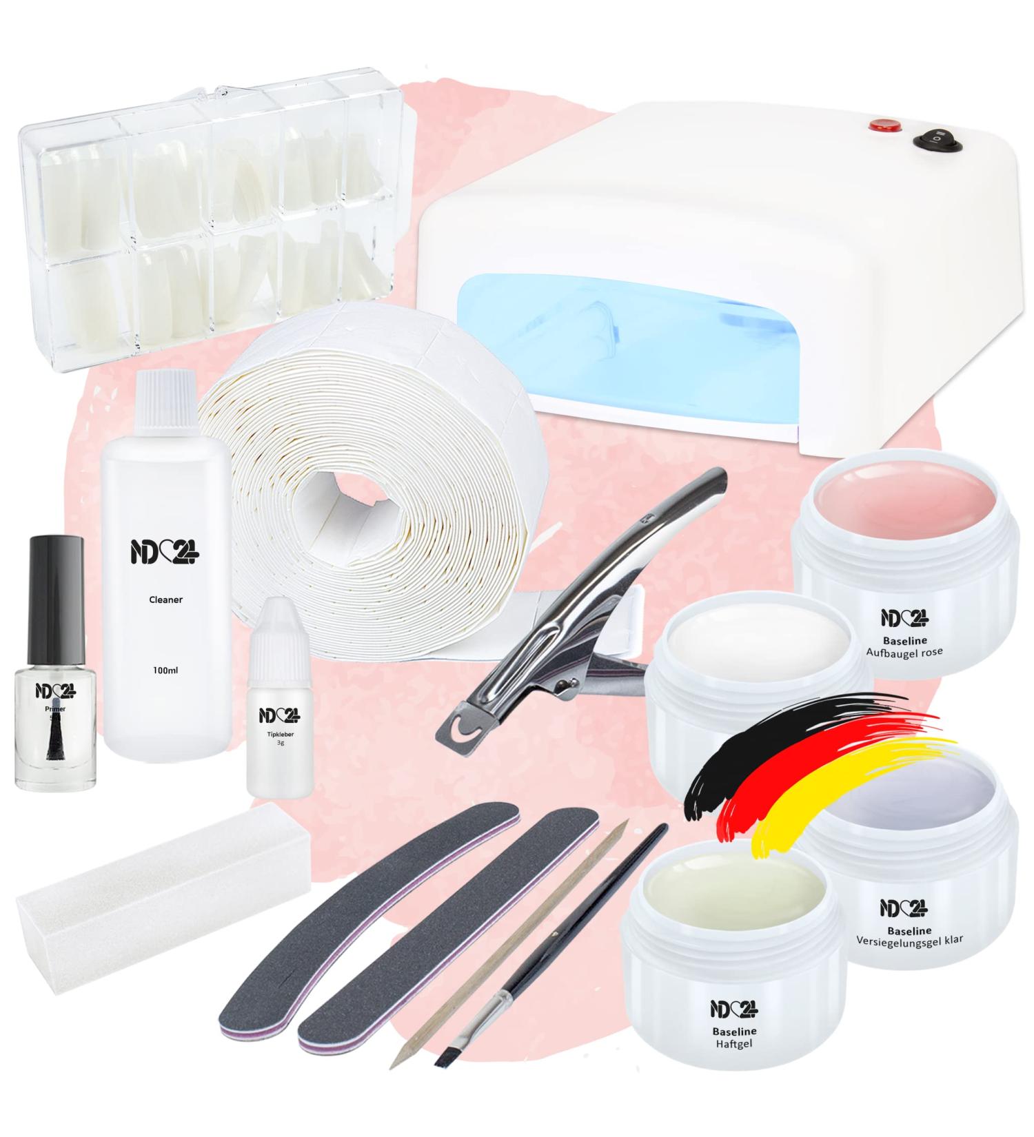ND24 NAILDESIGN Geln gel Starter Set - 16-Piece Basic Kit with UV Gel French Gel Sealing Gel UV Lamp & Accessories - Vegan & Made in Germany for Beginners - Buy Online on SooperMarket.com