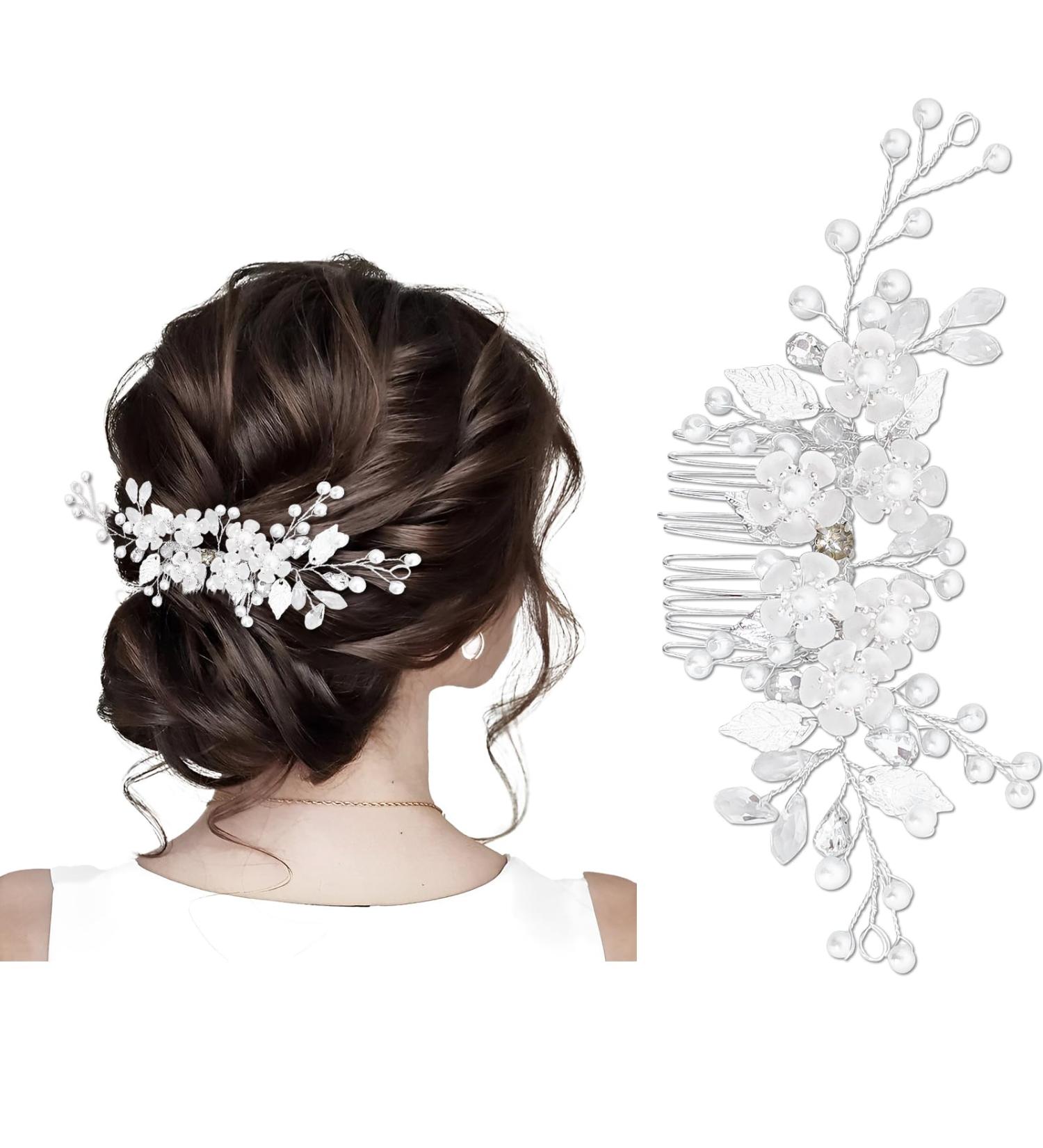 Makone Silver Rhinestone Wedding Hair Clip - Bridal Hair Accessories for Women - Flower Headpiece Barrette for Bride Bridesmaid Girls - Buy Online on SooperMarket.com