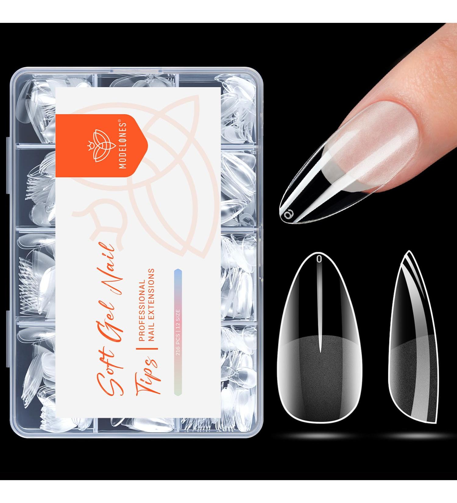 Modelones 216 Piece Full Cover Nail Tips Set - Soft Gel & Pre-Buff PMMA Resin - 12 Sizes Medium Almond - Perfect for DIY Nail Art - Buy Online on SooperMarket.com