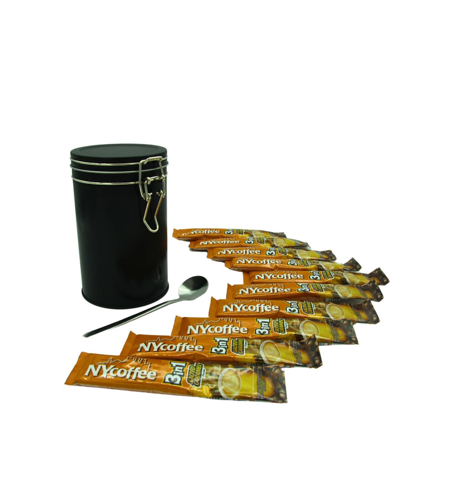 NY 3-in-1 Coffee Sachets Individually Wrapped with Sugar 10 x 14g Bundle with Black Refillable Cannister and Latte Spoon Set for Home Desk or Travel - Buy Online on SooperMarket.com