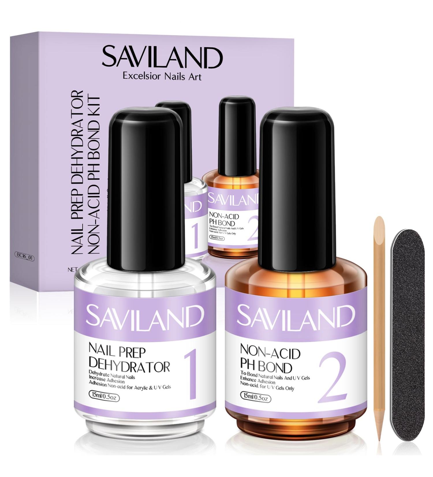 Saviland Nail Dehydrator and Primer - Acid-Free Natural Formula | Protein Bonding Acrylic Nail Kit | Superior Bonding for Gel Polish | Professional Salon Acrylic Nail Supplies | 2x15ml - Buy Online on SooperMarket.com