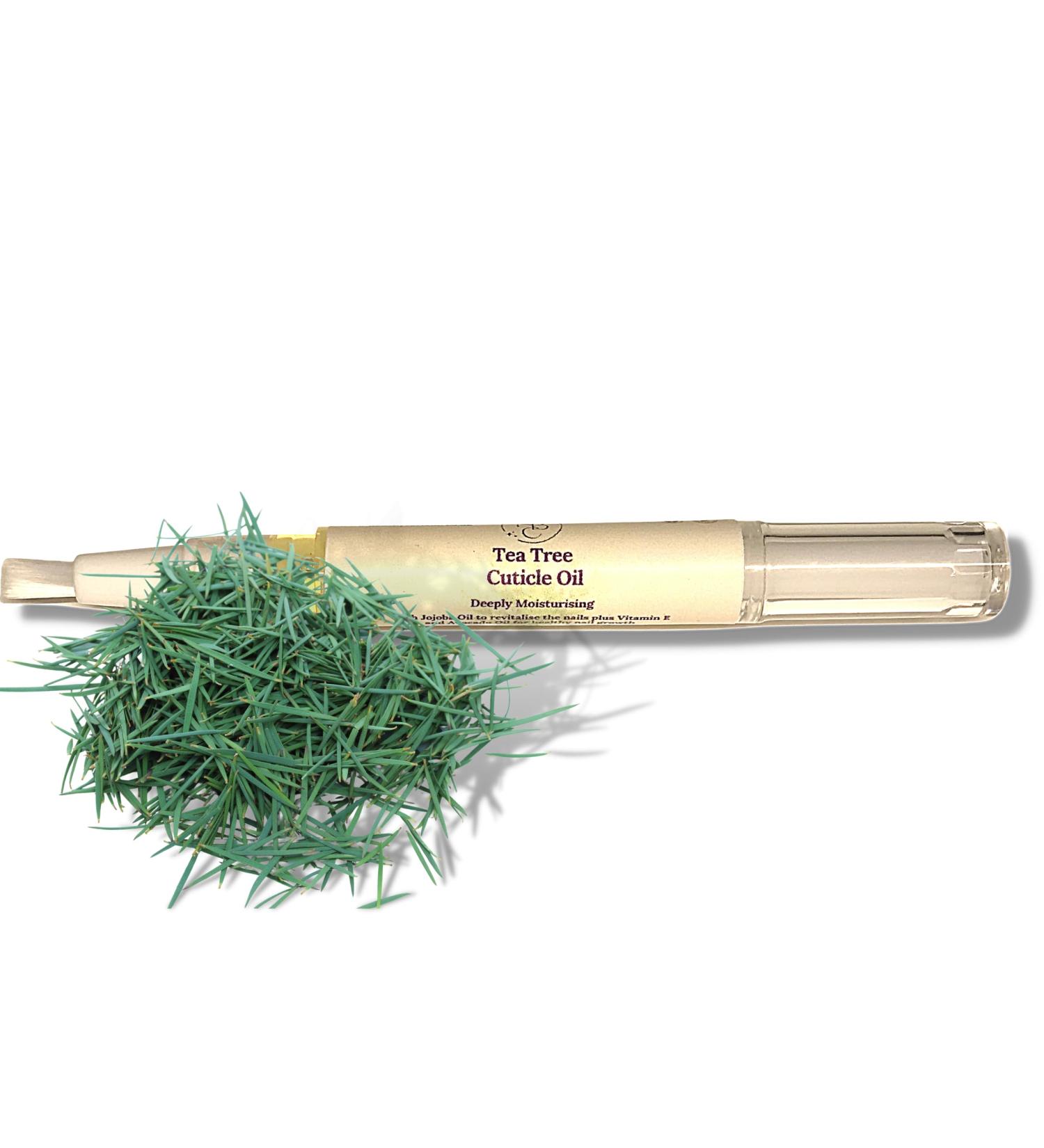 Tea Tree cuticle oil 3ml twist pen vegan & cruelty free. Soft brush application. Prevents hang nails. Moisturises cuticles. Fresh scent. Natural ingredients