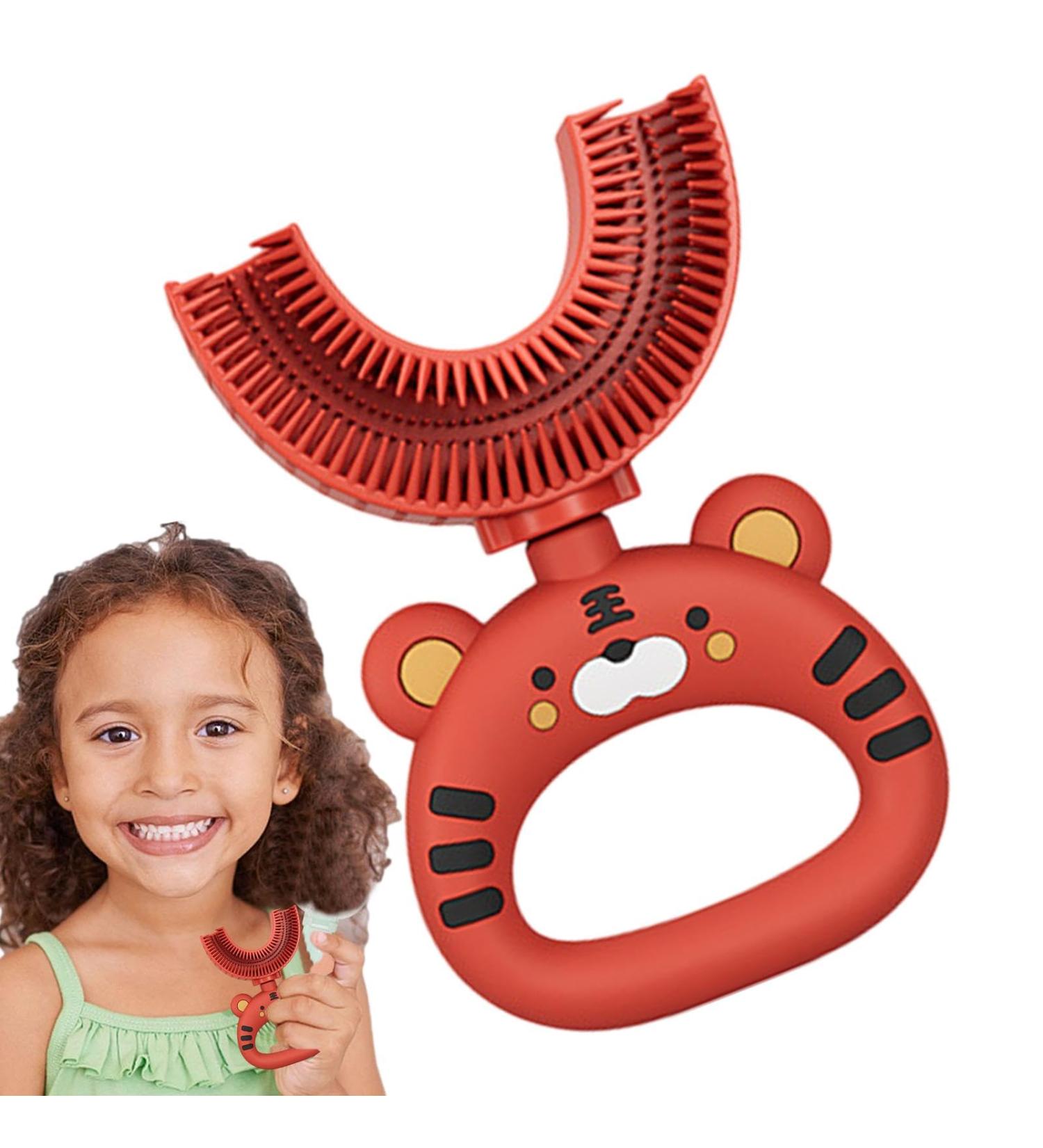 U-Shaped Silicone Toothbrush for Kids - Cartoon Tiger Design | Soft Brush Head for Full Mouth Cleaning | Red | 1 Pack - Buy Online on SooperMarket.com