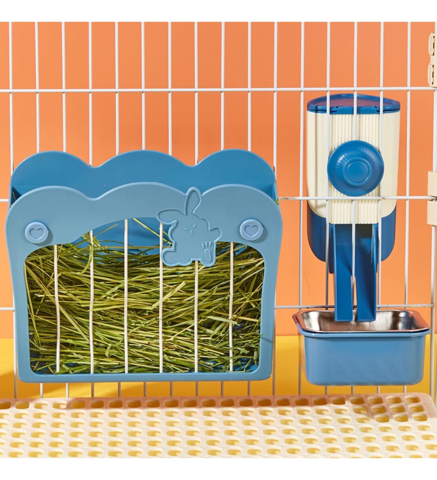 3-in-1 Rabbit Hay Feeder Set with Food Bowl and Hanging Funnel - Blue | Cage Hay Rack for Bunny, Guinea Pig, Chinchilla - Buy Online on SooperMarket.com