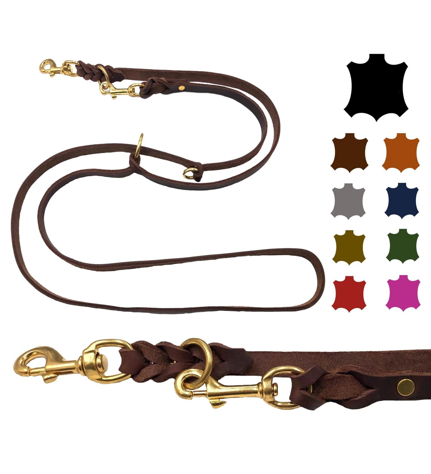 Premium Dog Liner Grease Leather Brass Leash - Adjustable 3.50m x 8mm for Small & Large Dogs - Durable Dark Brown - Buy Online on SooperMarket.com