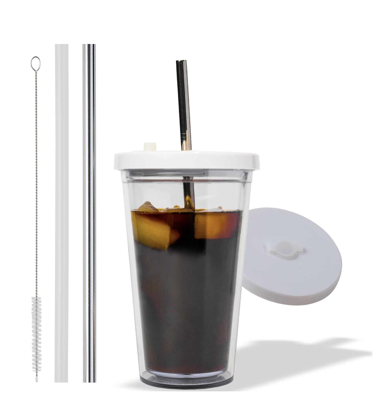 24 Oz Reusable Iced Coffee Cup with Leak Proof Double Wall Insulation - Includes Plastic & Metal Straws and Cleaner - Buy Online on SooperMarket.com