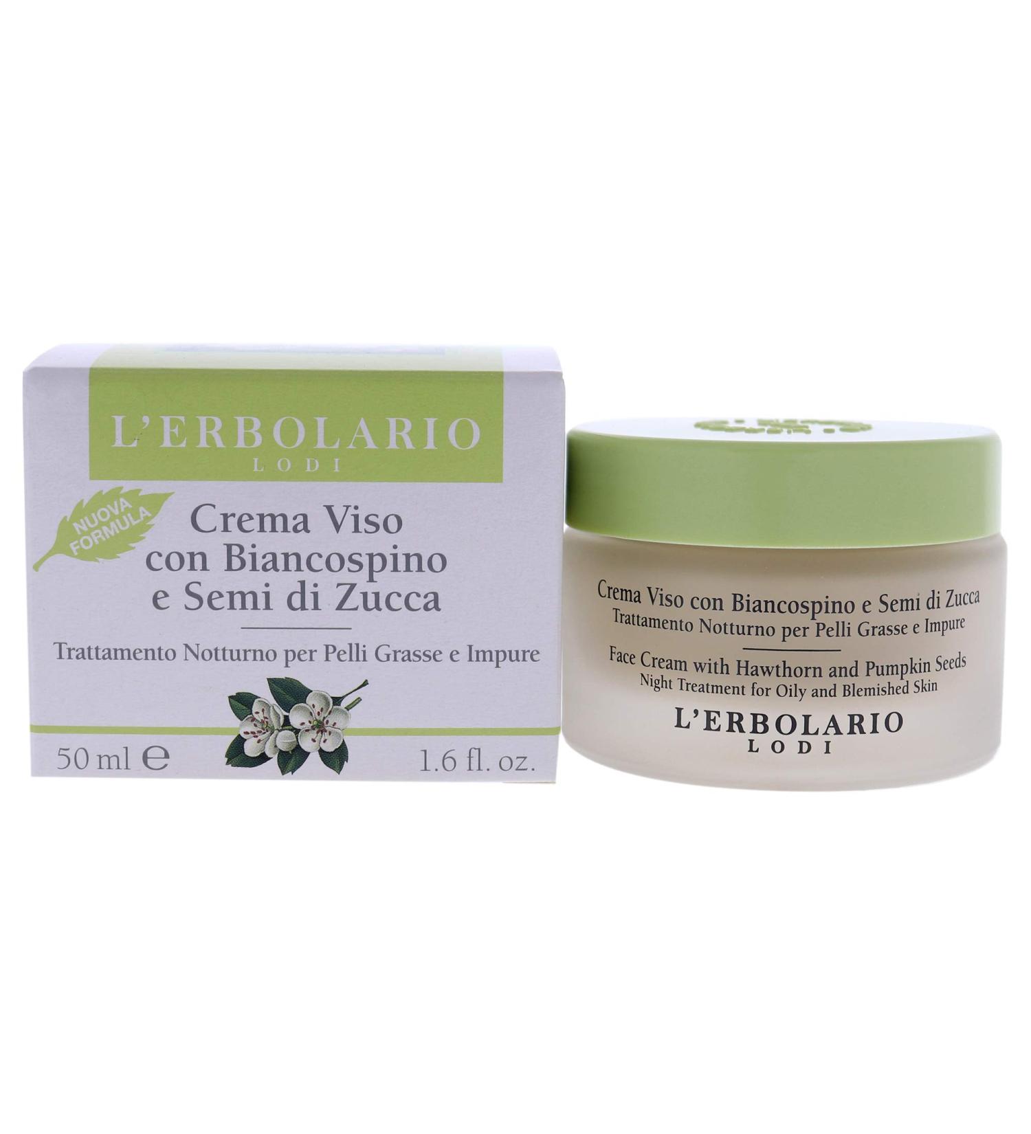 L'Erbolario Face Cream With Hawthorn And Pumpkin Seeds - Hides Blemishes And Prevents Breakouts - Moisturizes And Tones Skin - Fast Absorbing Non-Greasy - Night Treatment For Oily Skin - 1.6 Oz