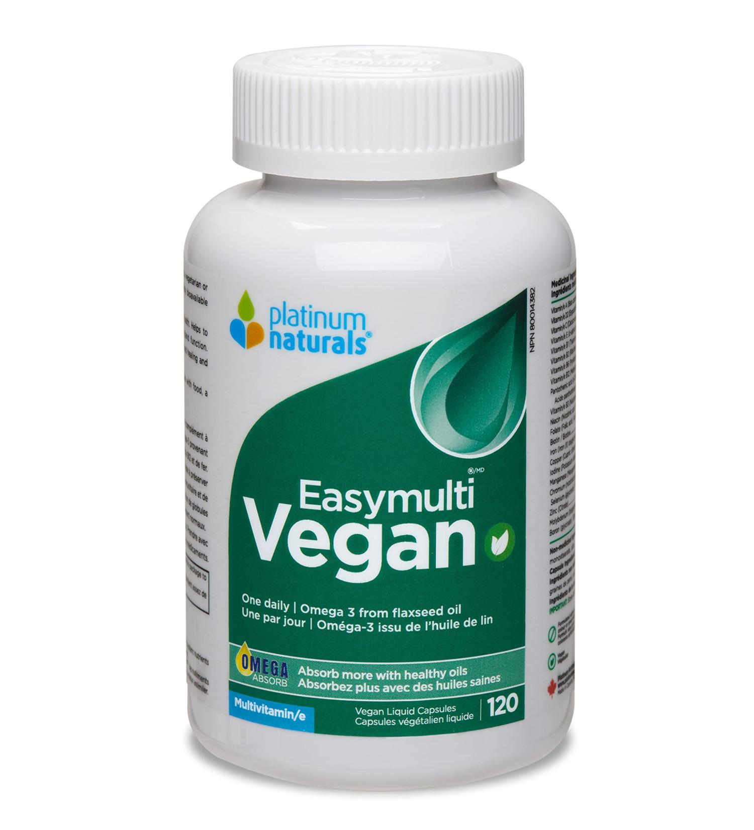Platinum Naturals Easymulti Vegan 120 Vegan Liquid Capsules - Complete Multivitamin for Men & Women Includes Omega 3 Flaxseed Oil Enriched with B1 B2 B3 B5 B6 B12 Vitamin C Iron & Zinc 120 count (Pack of 1) - Buy Online on SooperMarket.com