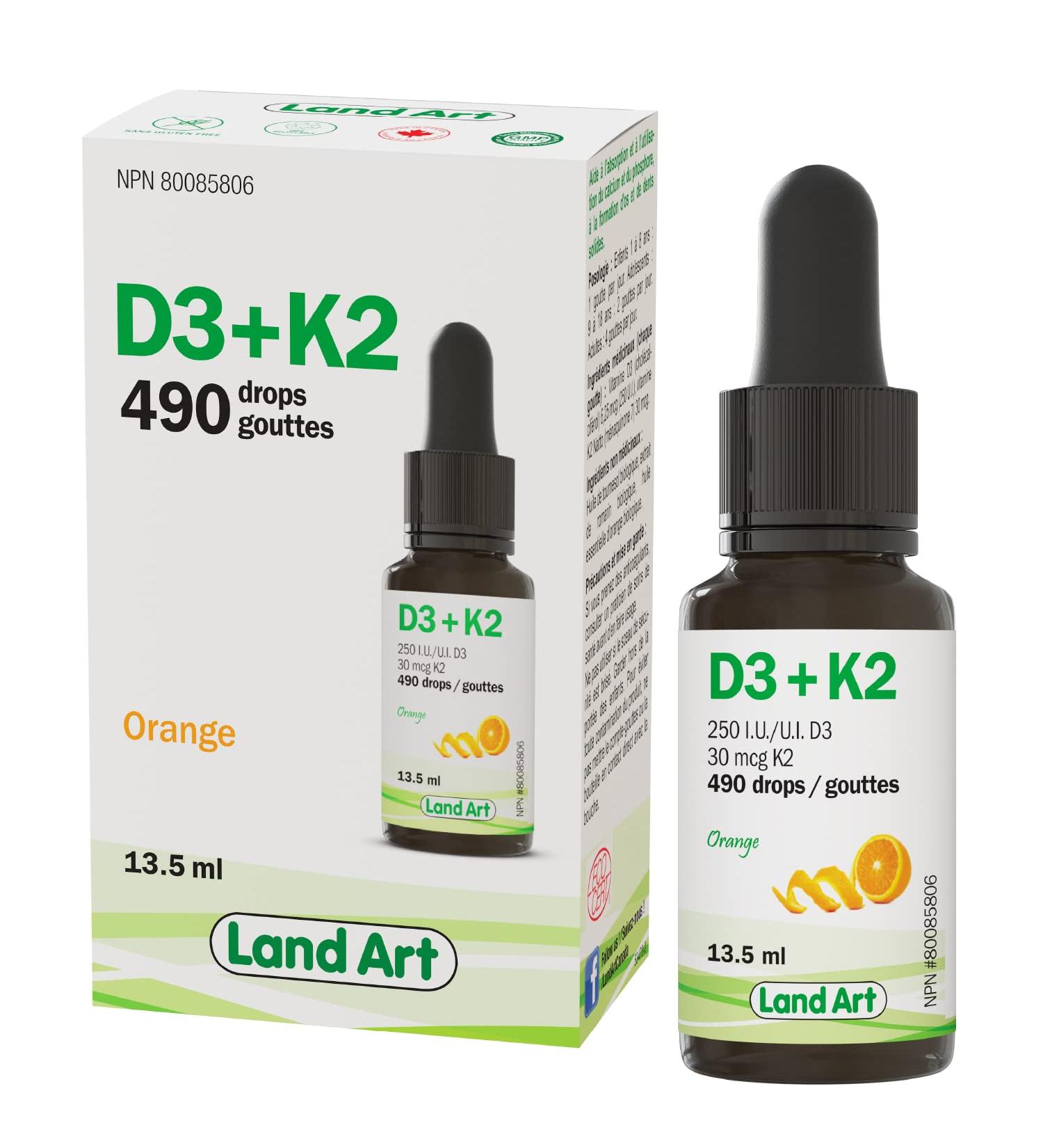 Certified Organic Vitamin D3 & K2 (MK7-Natto) - 490 Drops- Support Your Bones Immune System - Non-GMO - Gluten Free - Made in Canada (13.5 ml (Pack of 1)) - Buy Online on SooperMarket.com
