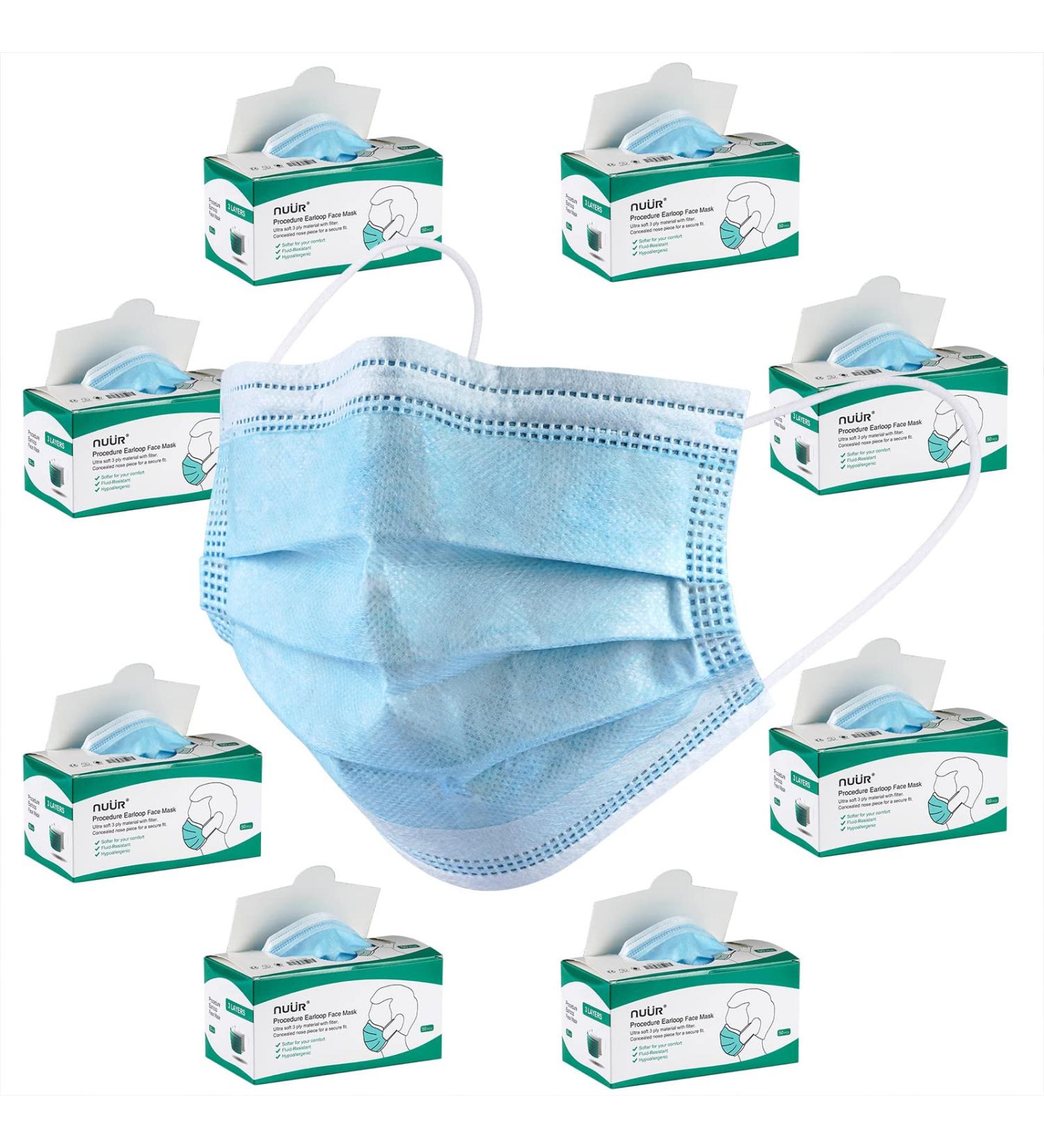 NU R Disposable Face Mask 3Ply Mask with Filter Layer and Elastic Earloop Retail 50pcs/box BLUE 400PCS - Buy Online on SooperMarket.com