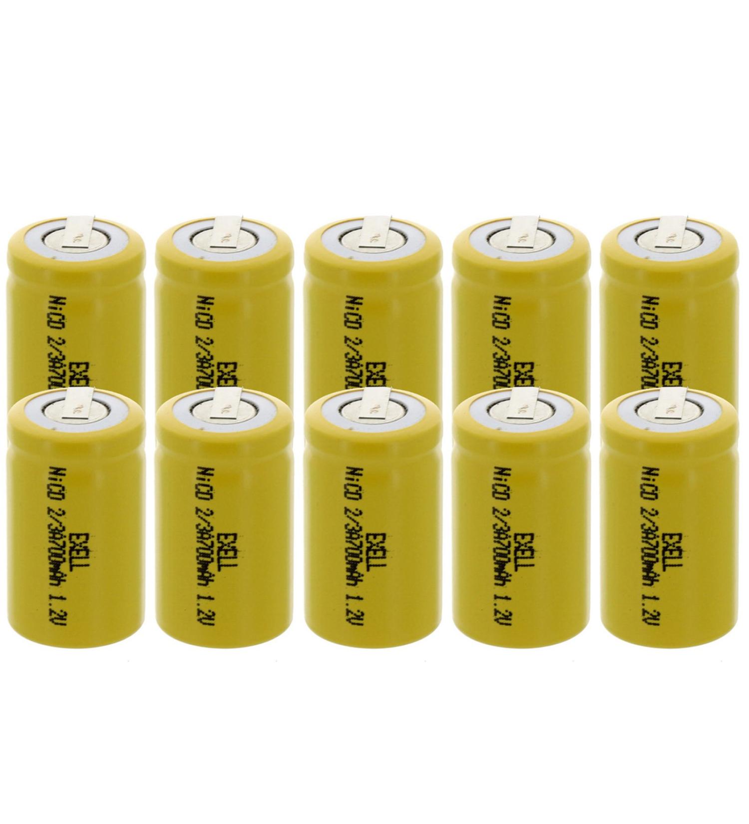 10x Exell 2/3A Size 1.2V 700mAh NiCD Rechargeable Batteries with Tabs for high power static applications (Telecoms UPS and Smart grid) electric mopeds meters radios RC devices electric tools