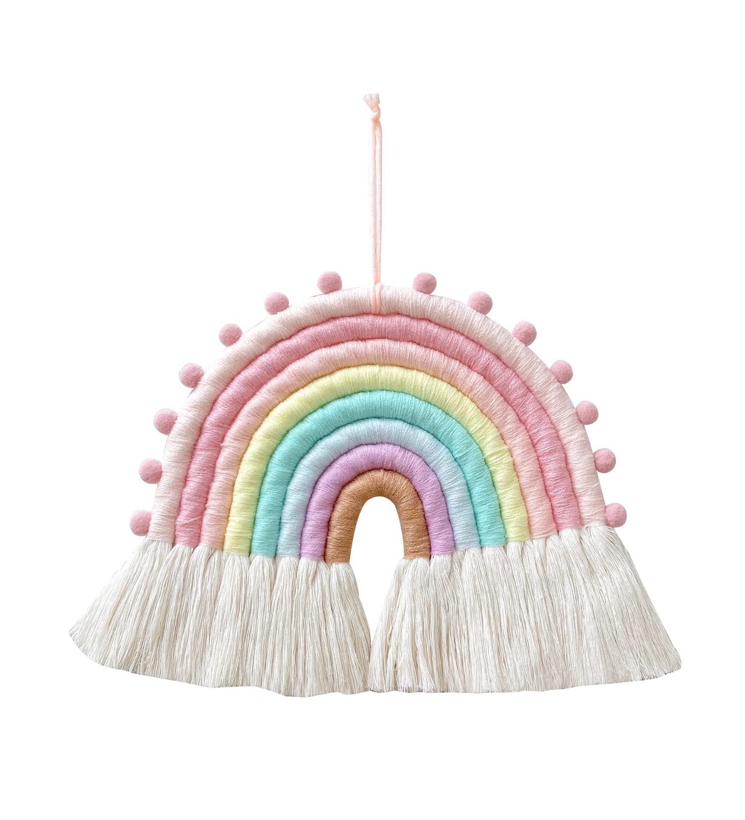 Handmade Rainbow Macrame Wall Hanging Decor for Nursery & Kids Bedroom - Pink Tassel Cotton Accessory for Baby Toddler Room - Buy Online on SooperMarket.com