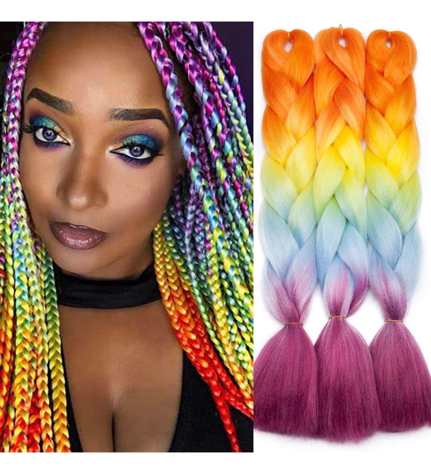 Shop Tess Braids Extensions - 60 cm Jumbo Kanekalon Ombre Hair Braids (3 Pack) in Blue/Red/Orange - Ideal for Box Braids - 100g Per Bundle - Buy Online on SooperMarket.com