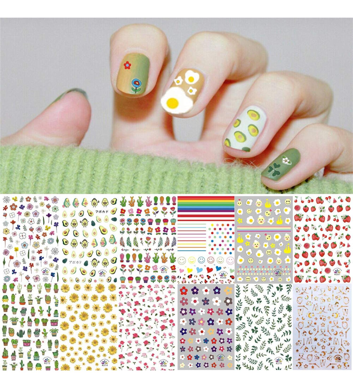 Kalolary 3D Nail Art Stickers - 1000+ Patterns Decals for Women & Kids - Spring Flower Fruit Plant Stars Moon Smiling Face - Manicure Salon Gift (12 Sheets) - Buy Online on SooperMarket.com