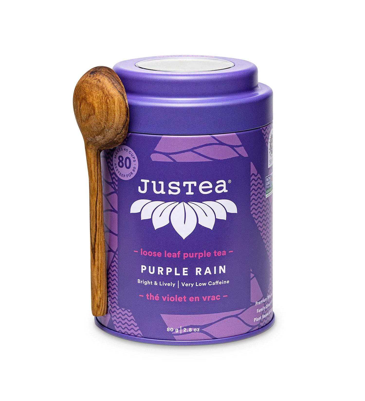 JusTea PURPLE RAIN | Loose Leaf Purple Tea | Tin with Hand Carved Tea Spoon | 40+ Cups (2.8oz) | Very Low Caffeine | Award-Winning | Fair Trade | Non-GMO Loose Leaf Tea Tin - Buy Online on SooperMarket.com
