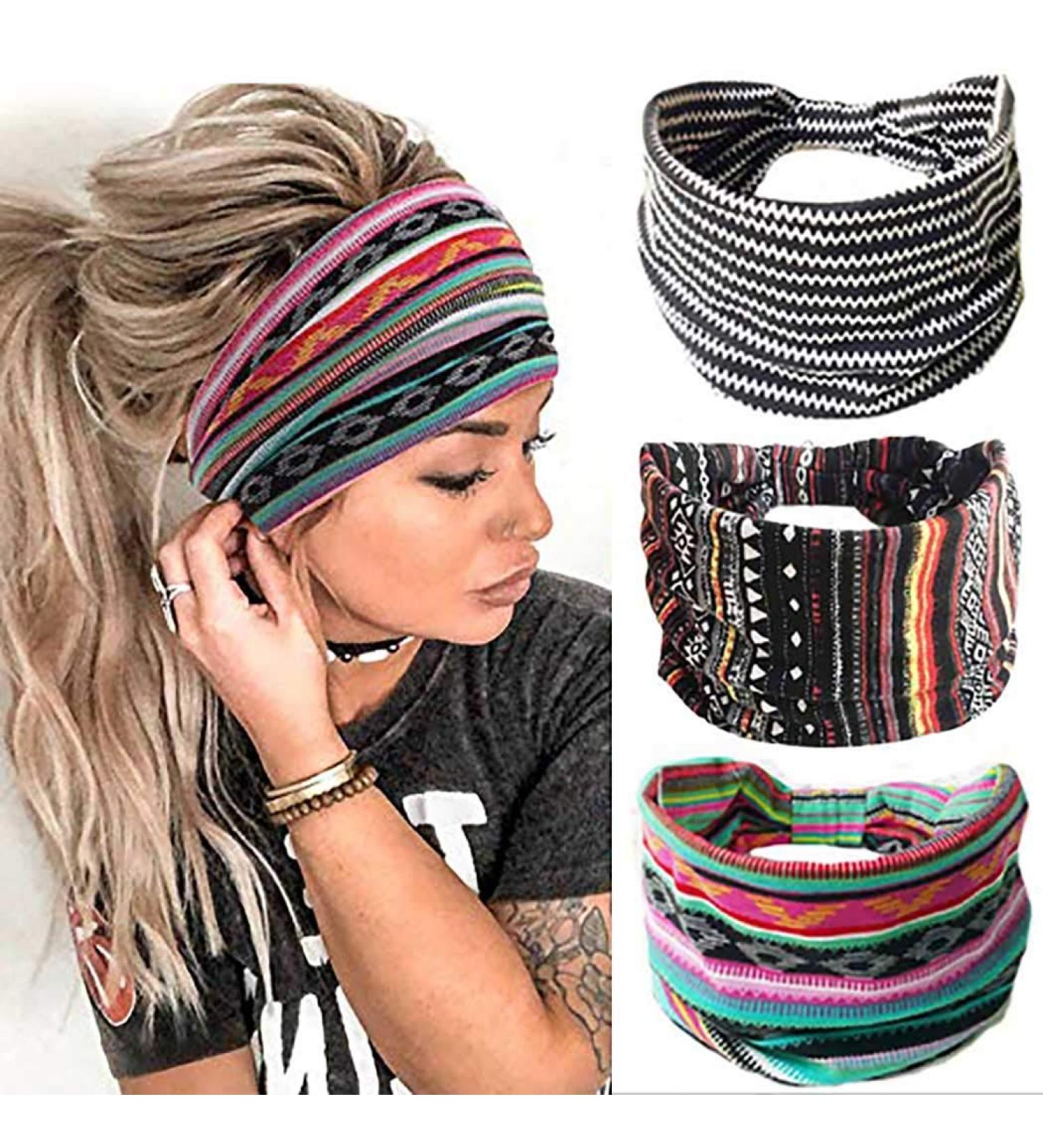 Boho Striped Wide Headbands 3Pcs Set - Elastic Knot Hair Wraps for Women and Girls - Buy Online on SooperMarket.com