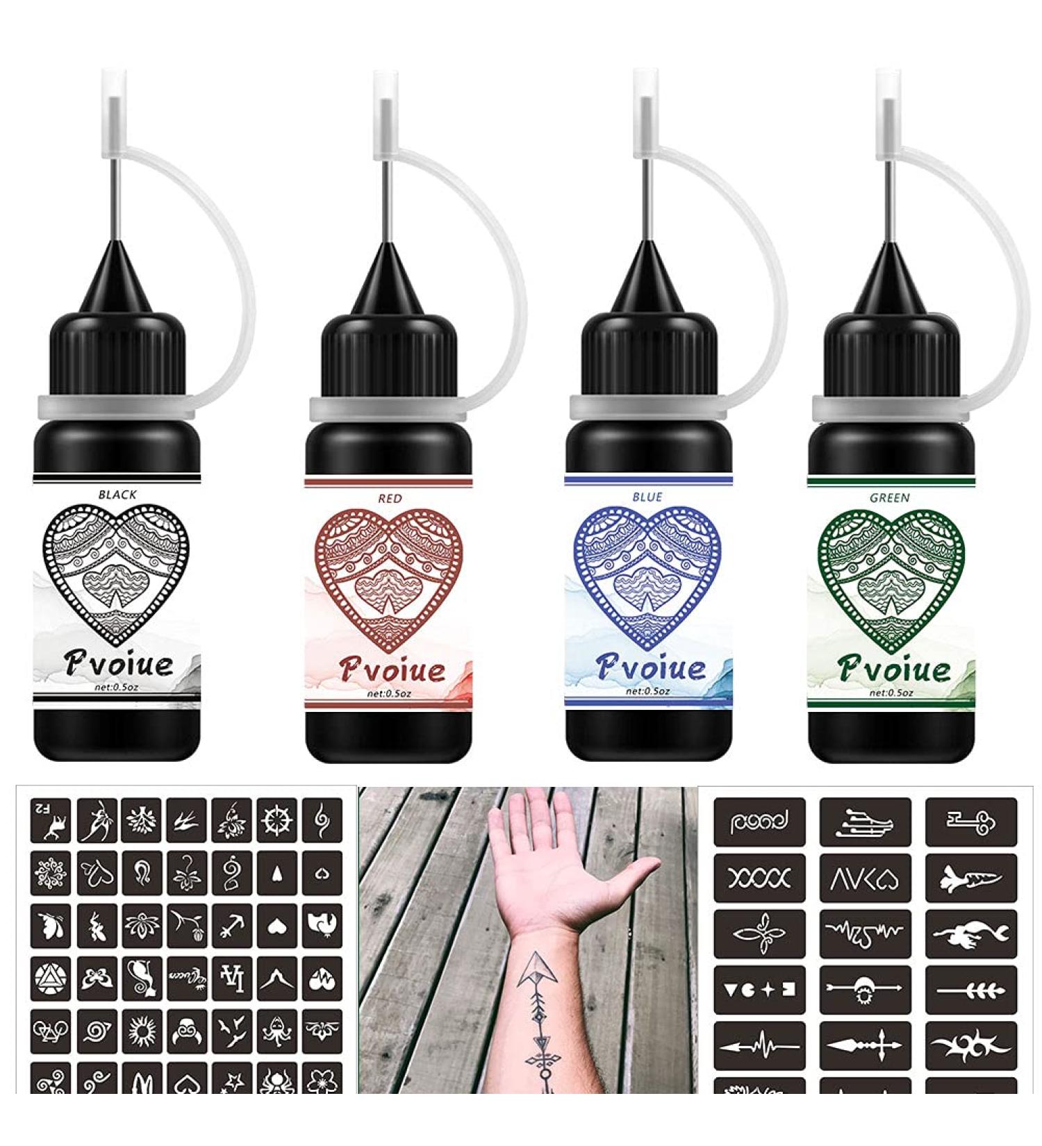Temporary Tattoos Kit - 4 Pcs with 3 Colors | DIY Tattoos for Women, Kids & Men - 78 Pcs Stencils & Body Markers - Buy Online on SooperMarket.com