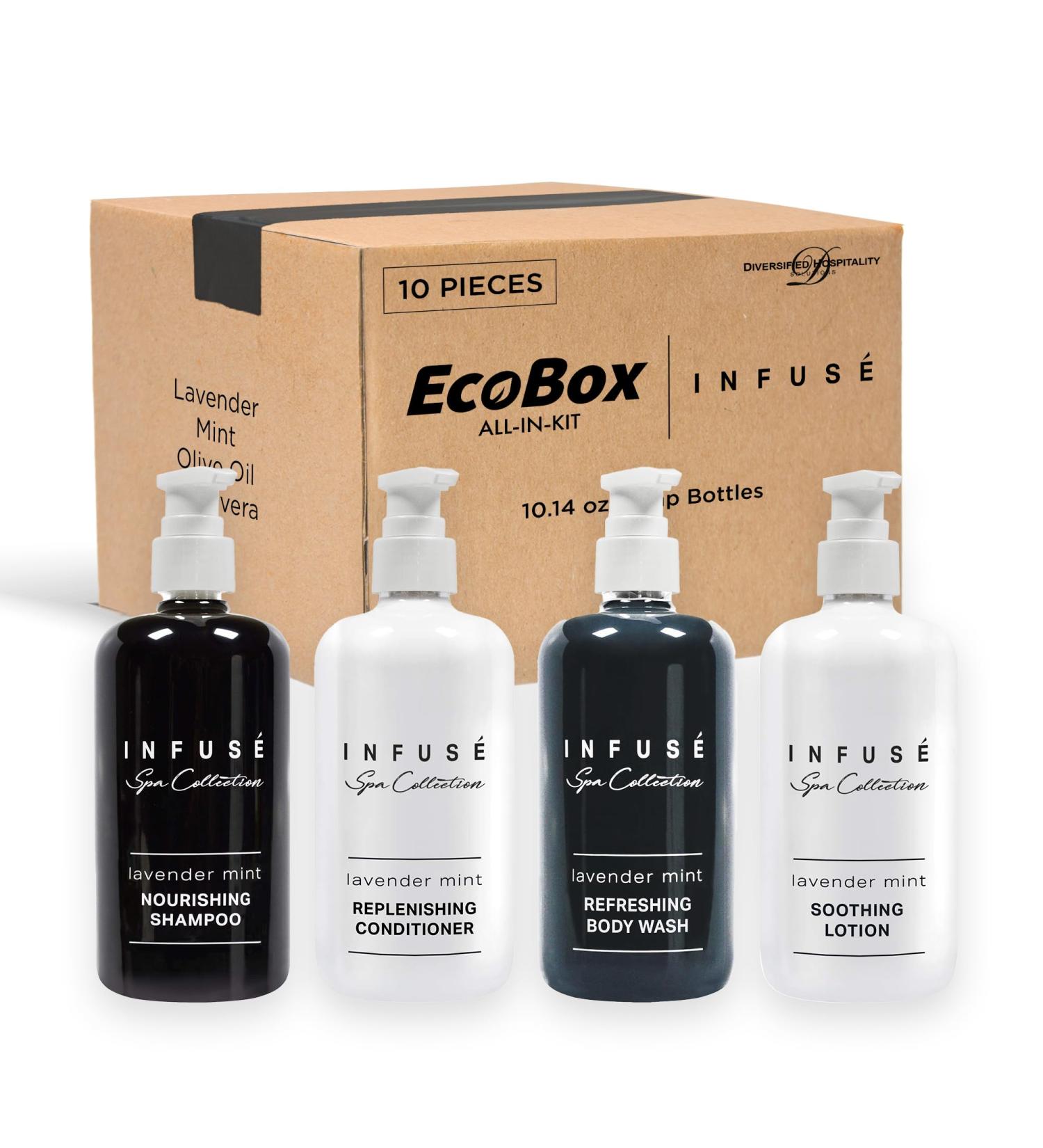 Infuse 10 Piece Ecobox All-In-Kit | Lavender Mint Soap Shampoo Conditioner Body Wash & Lotion - Bulk Hotel Toiletries | Luxury Personal Care Products - Buy Online on SooperMarket.com