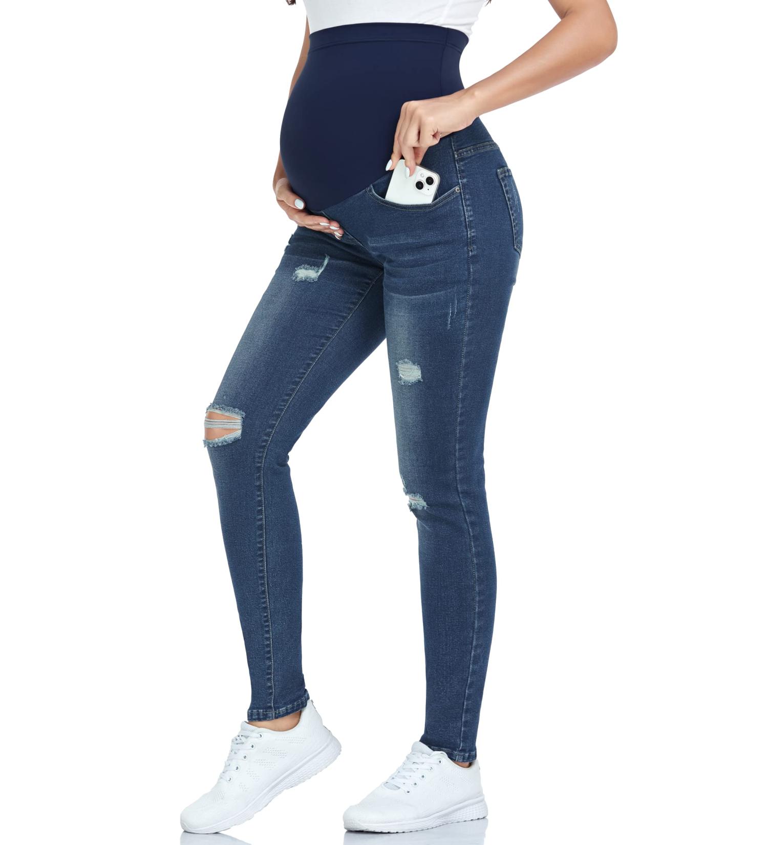 PACBREEZE Maternity Jeans Over Belly Slim High Waist Denim Pants, Ripped Indigo Blue XXL - Buy Online on SooperMarket.com