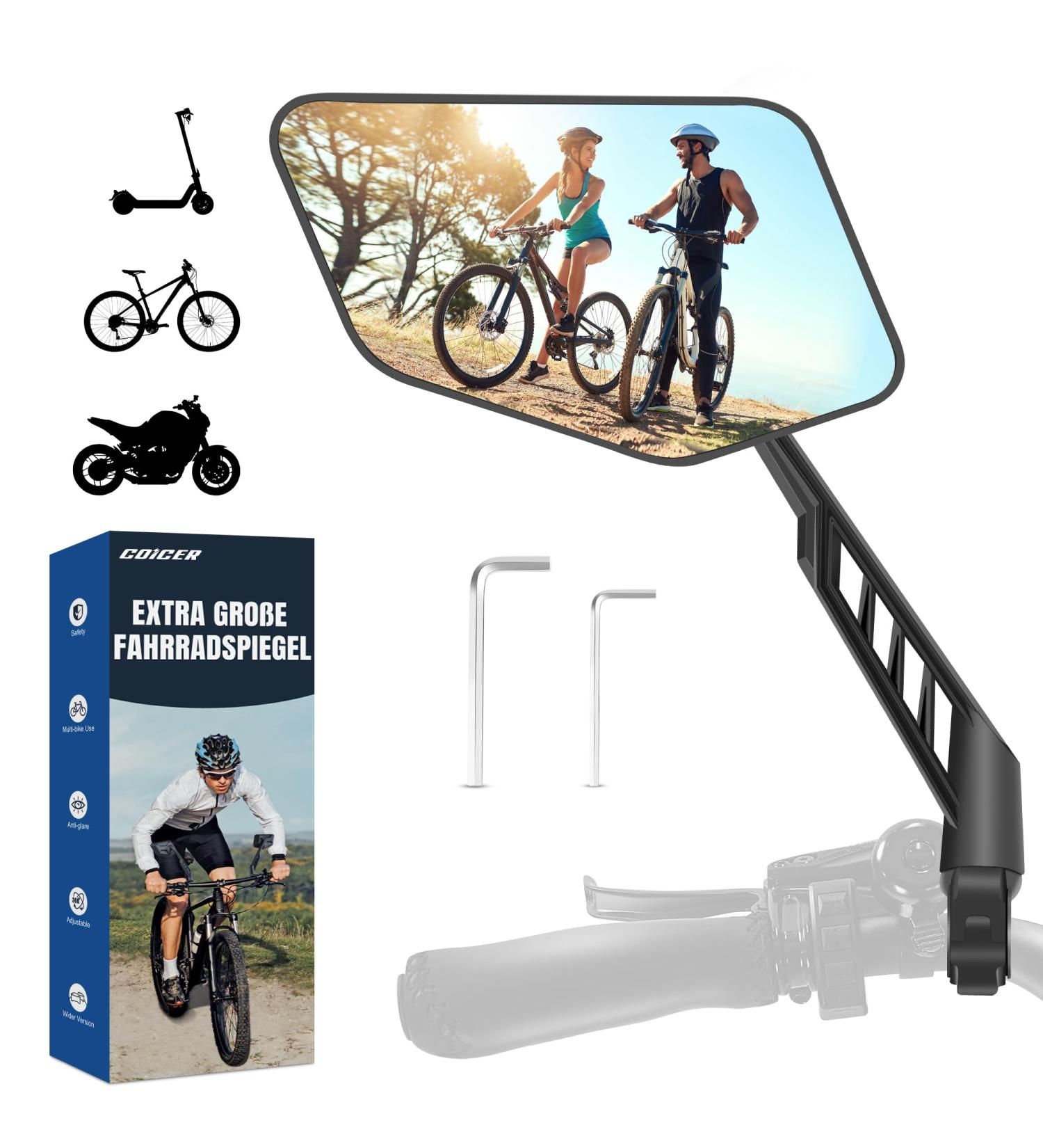Coicer Left Bike Mirror - Extra Large 360 Adjustable Rear View Mirror for e-Bikes & e-Scooters - Universal Handlebar Compatibility - Buy Online on SooperMarket.com