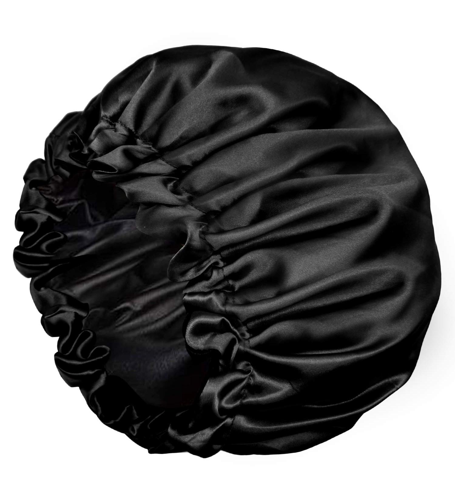 Adjustable Double Layer Satin Bonnet for Women - Large Silk Sleep Cap for Curly Natural Hair (Black) - Buy Online on SooperMarket.com