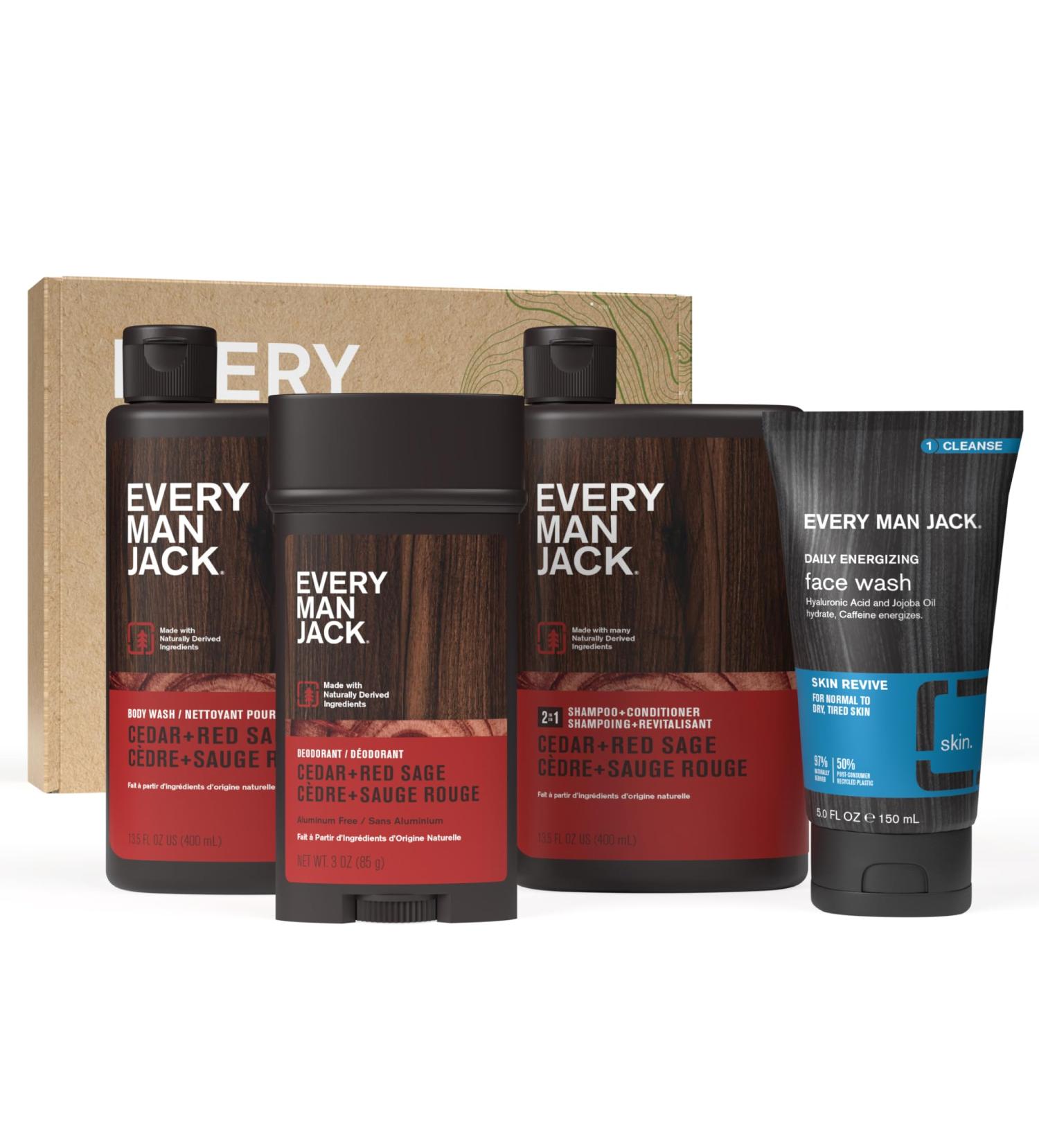 Every Man Jack Cedar + Red Sage Gift Set - Clean Ingredients Men's Body Wash Shampoo Deodorant & Face Wash - Perfect for International Shipping - Buy Online on SooperMarket.com