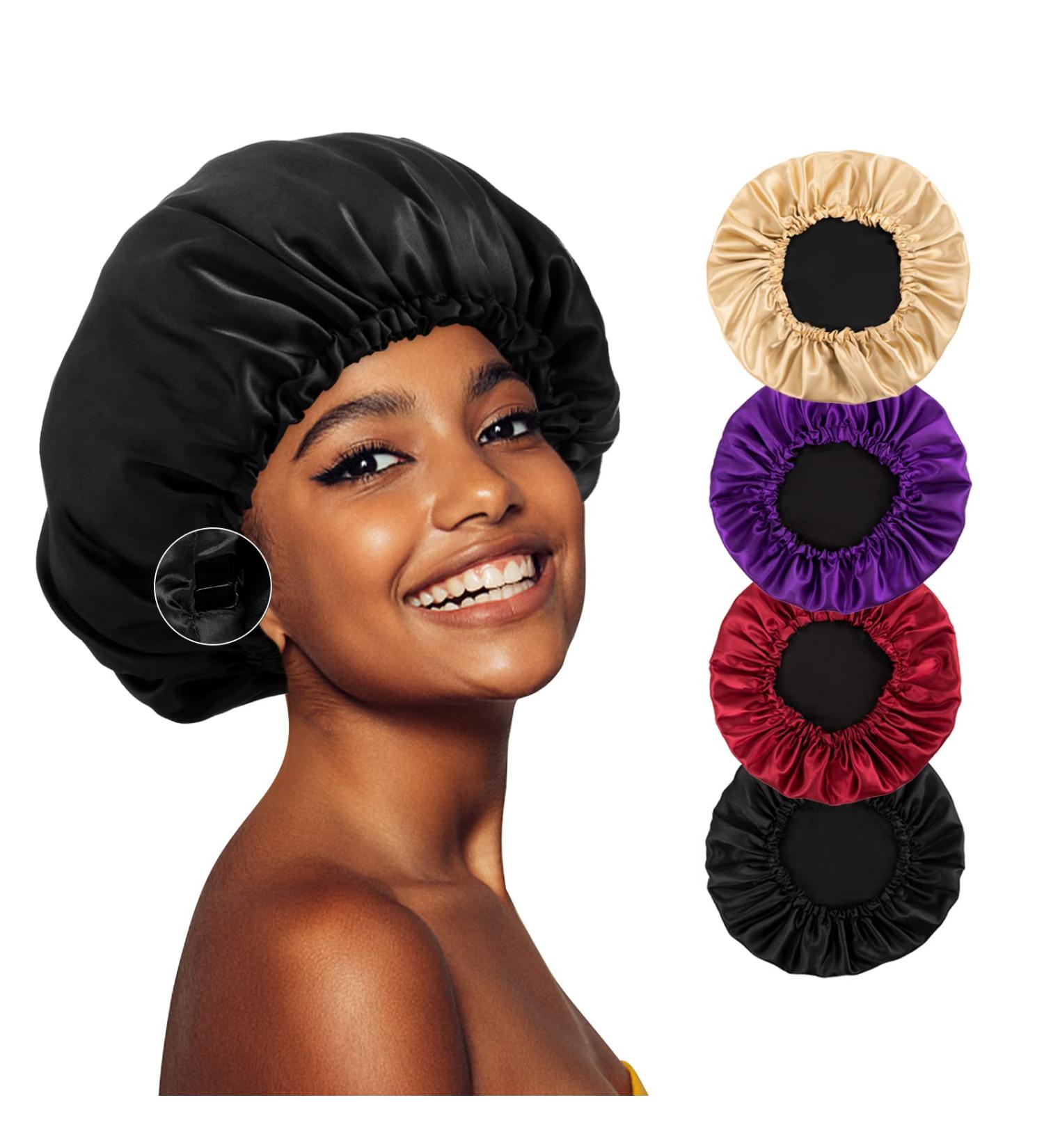 Vorey Satin Sleep Bonnet for Women - Large Double Layer Silk Hair Bonnet in Black - Buy Online on SooperMarket.com